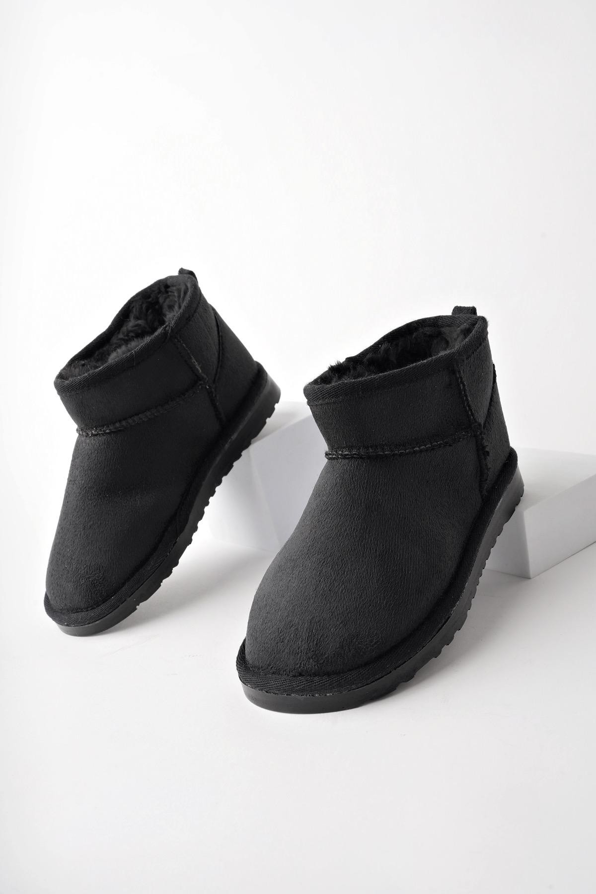 Muggo SNOW Garantili Unisex Çocuk Kalın Taban İçi Tüylü Günlük Mini Yarım Bot - SİYAH