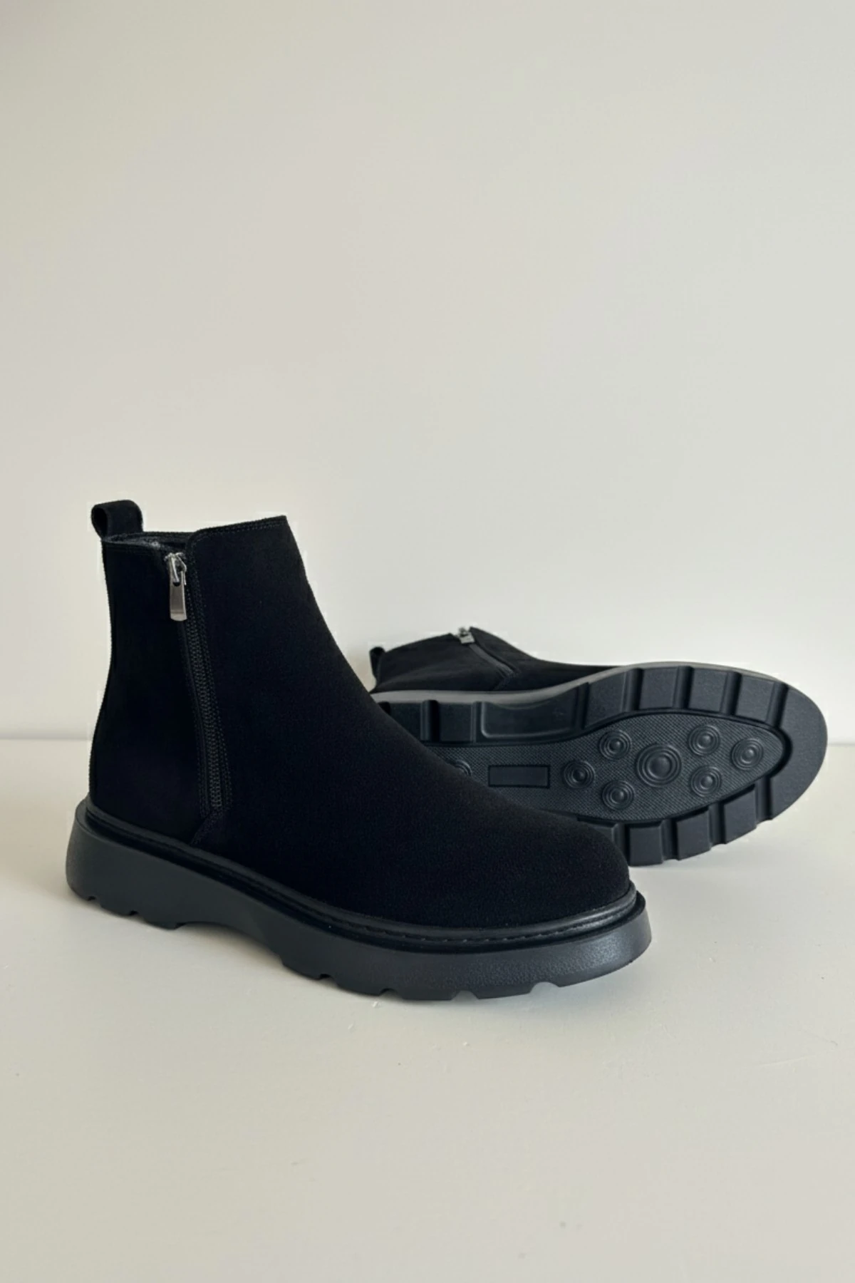 Muggo CHELSEY Hakiki Deri Çift Fermuarlı Erkek Kışlık Bot - SİYAH SÜET