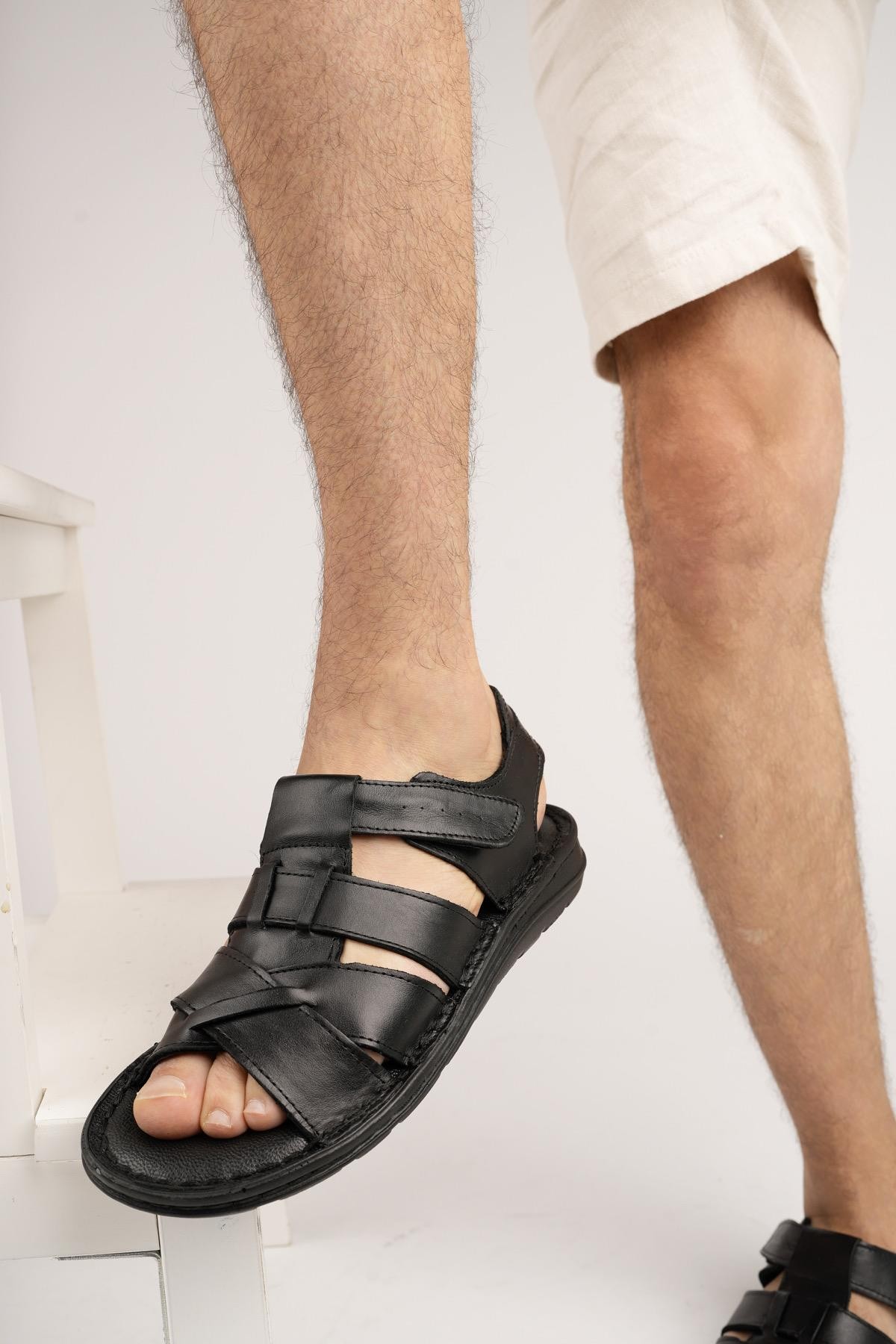 Muggo Charles Garantili Erkek Günlük Hakiki Deri Rahat Yumuşak Taban Ortopedik Sandalet - SİYAH