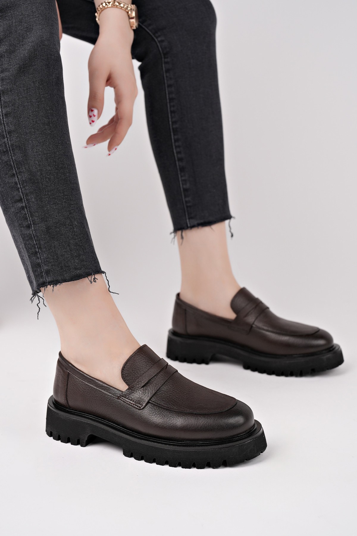 Muggo PARADİSE Hakiki Deri Kalın Taban Günlük Casual Makosen Kadın Loafer Ayakkabı
