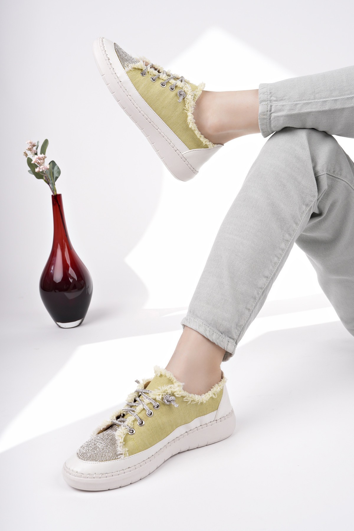 Muggo DAMSEL Bağcıklı Taşlı Kadın Günlük Denim Sneaker Spor Ayakkabı