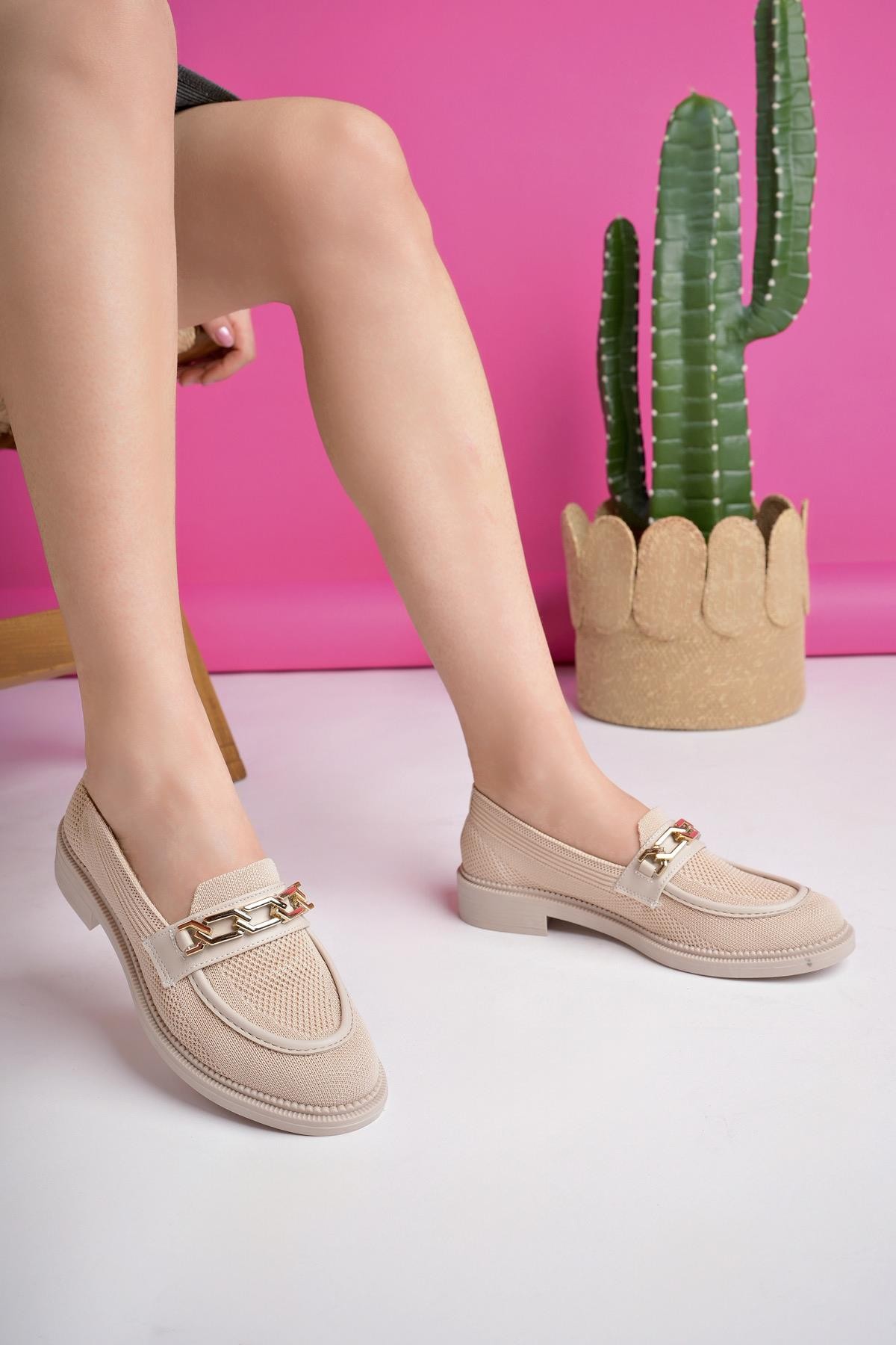 Muggo VİOLA Garantili Triko Metal Tokalı Kadın Loafer Günlük Ayakkabı - TEN