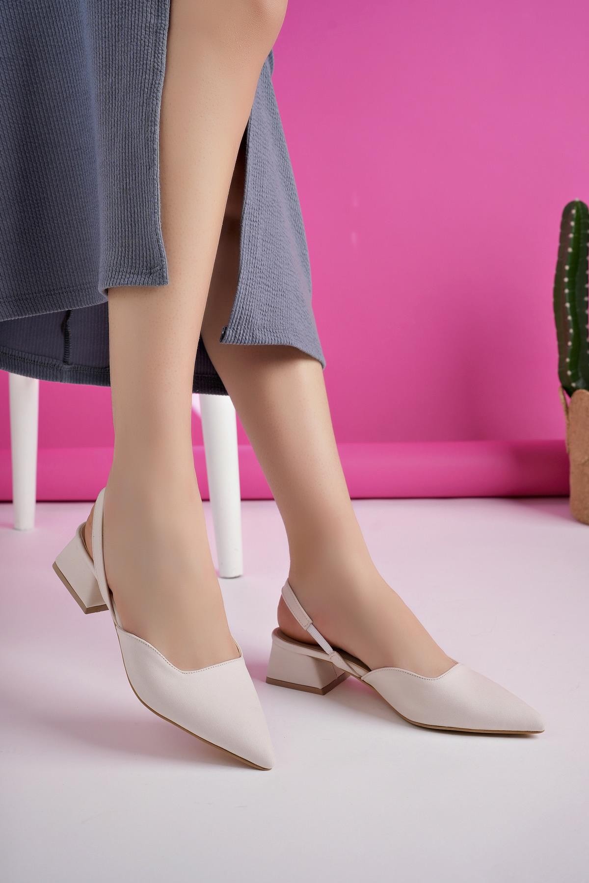 Muggo MİRANDA Garantili Arkası Açık Bilek Detaylı Kısa Topuklu Kadın Ayakkabı - TEN