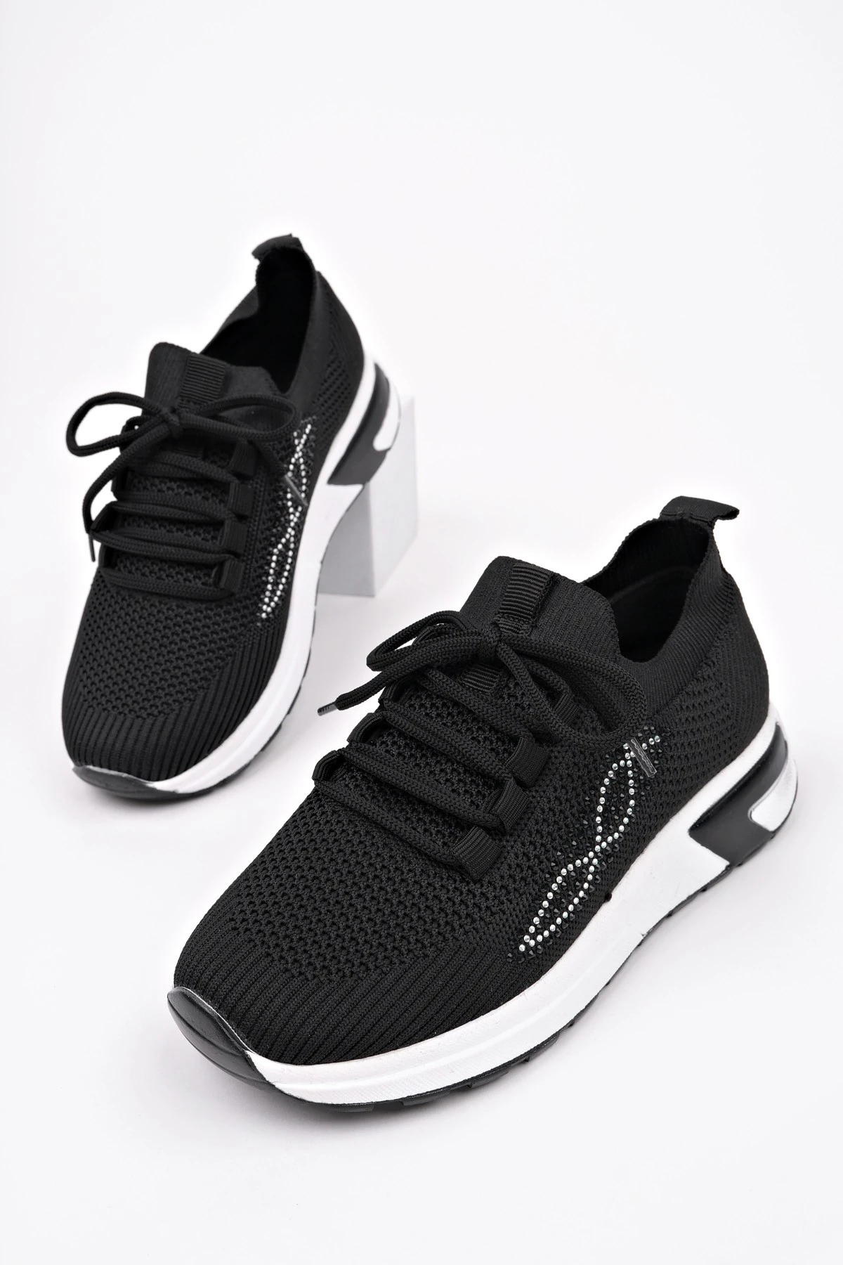 Muggo MARTHA Kadın Kalın Taban Günlük Triko Taşlı Bağcıklı Sneaker Spor Ayakkabı