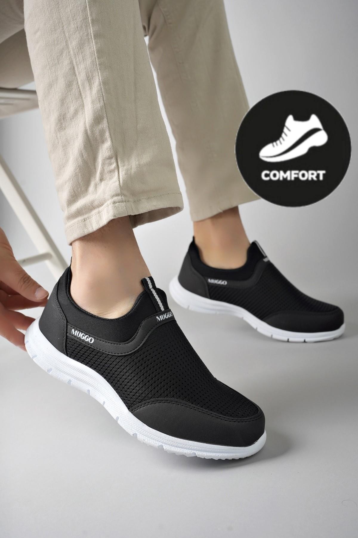 Muggo PODGO Garantili Unisex Ortopedik Bağcıksız Nefes Alabilen Hafif Yürüyüş Sneaker Spor Ayakkabı - SİYAH- BEYAZ