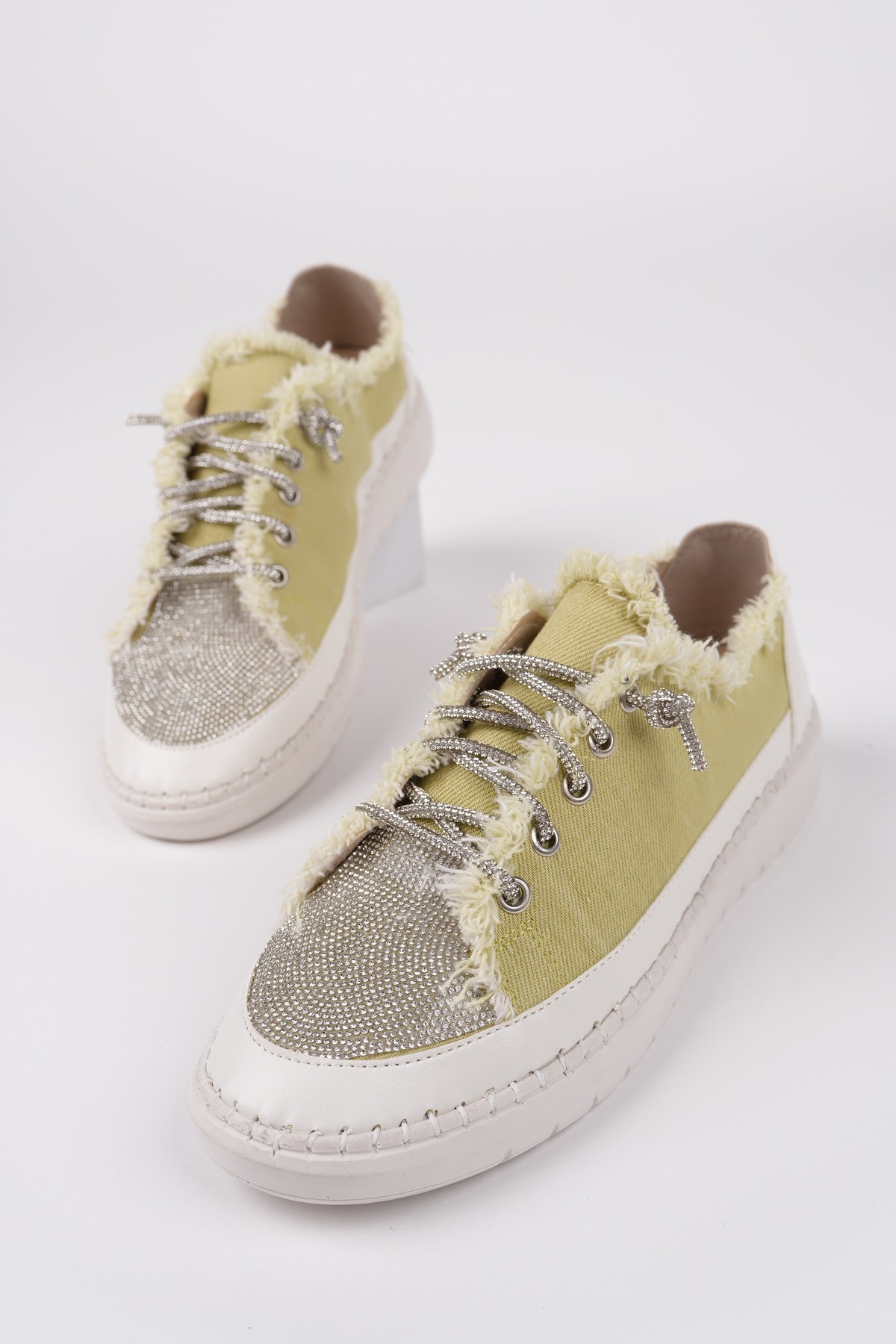 Muggo DAMSEL Bağcıklı Taşlı Kadın Günlük Denim Sneaker Spor Ayakkabı