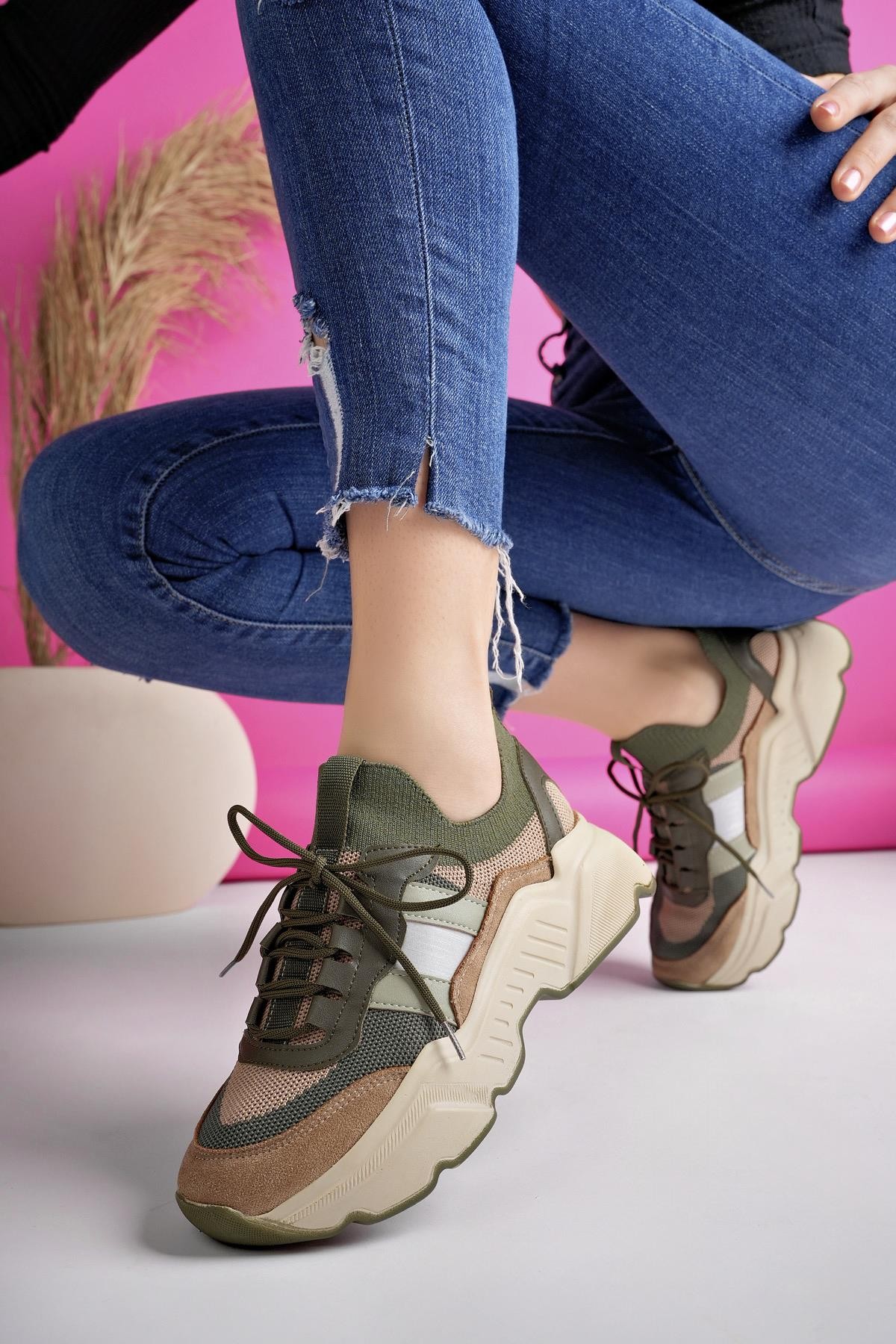 Muggo SEPHO Garantili Günlük Yürüyüş Koşu Yüksek Taban Rahat Kadın Sneaker Spor Ayakkabı - HAKİ