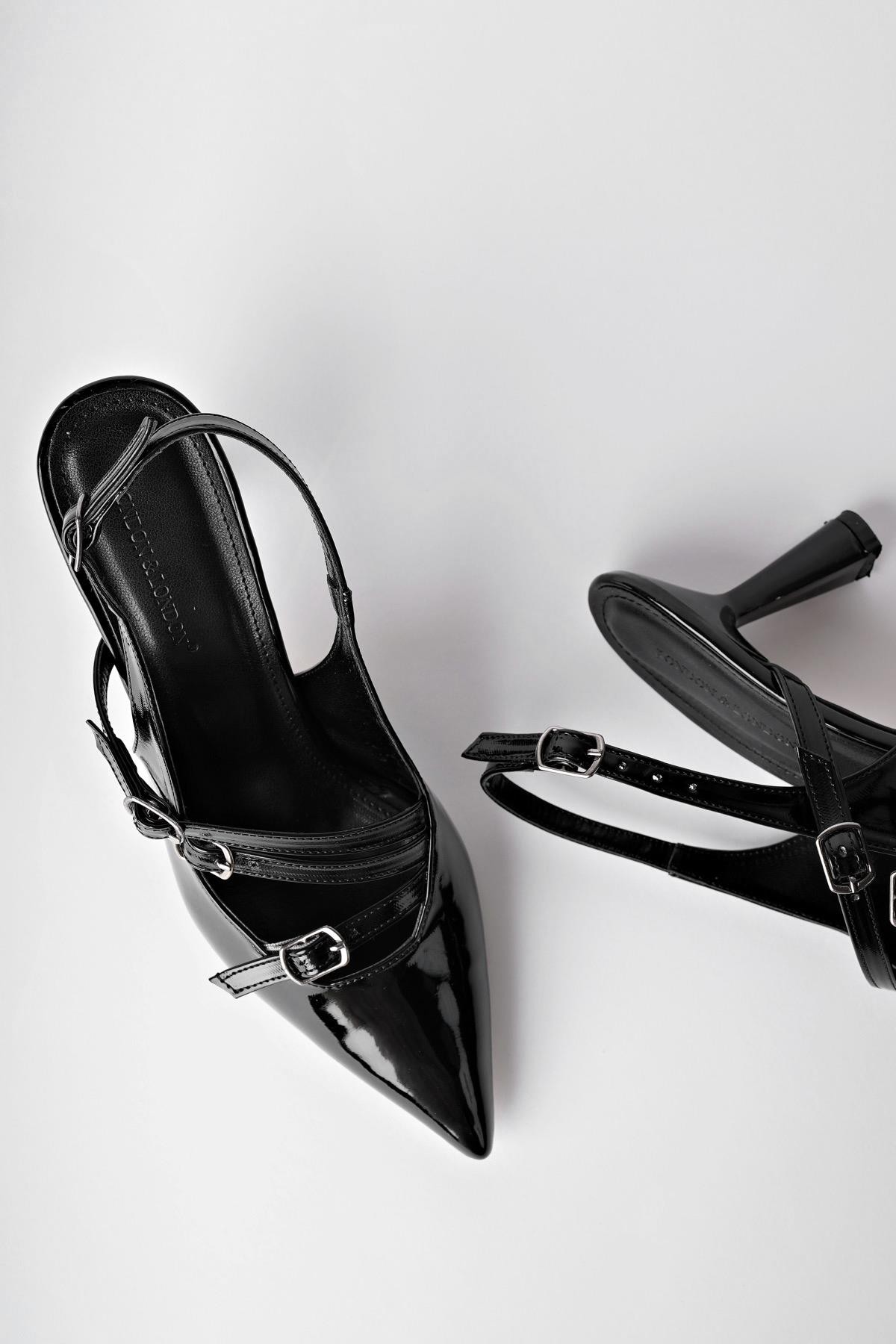 Muggo KİDMAN Garantili Arkası Açık Kemer Detaylı Üç Bantlı Rugan Kadın Topuklu Ayakkabı
