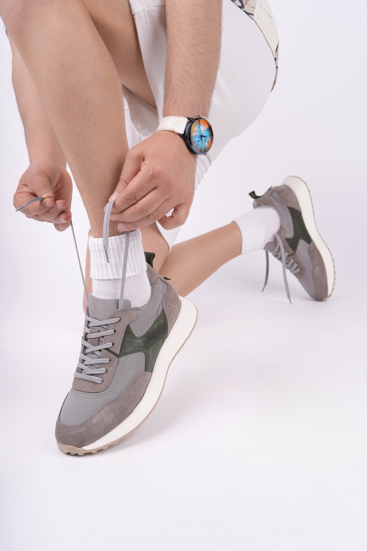 Muggo SVENSON Kalın Taban Bağcıklı Hakiki Deri Erkek Günlük Sneaker Spor Ayakkabı - HAKİ