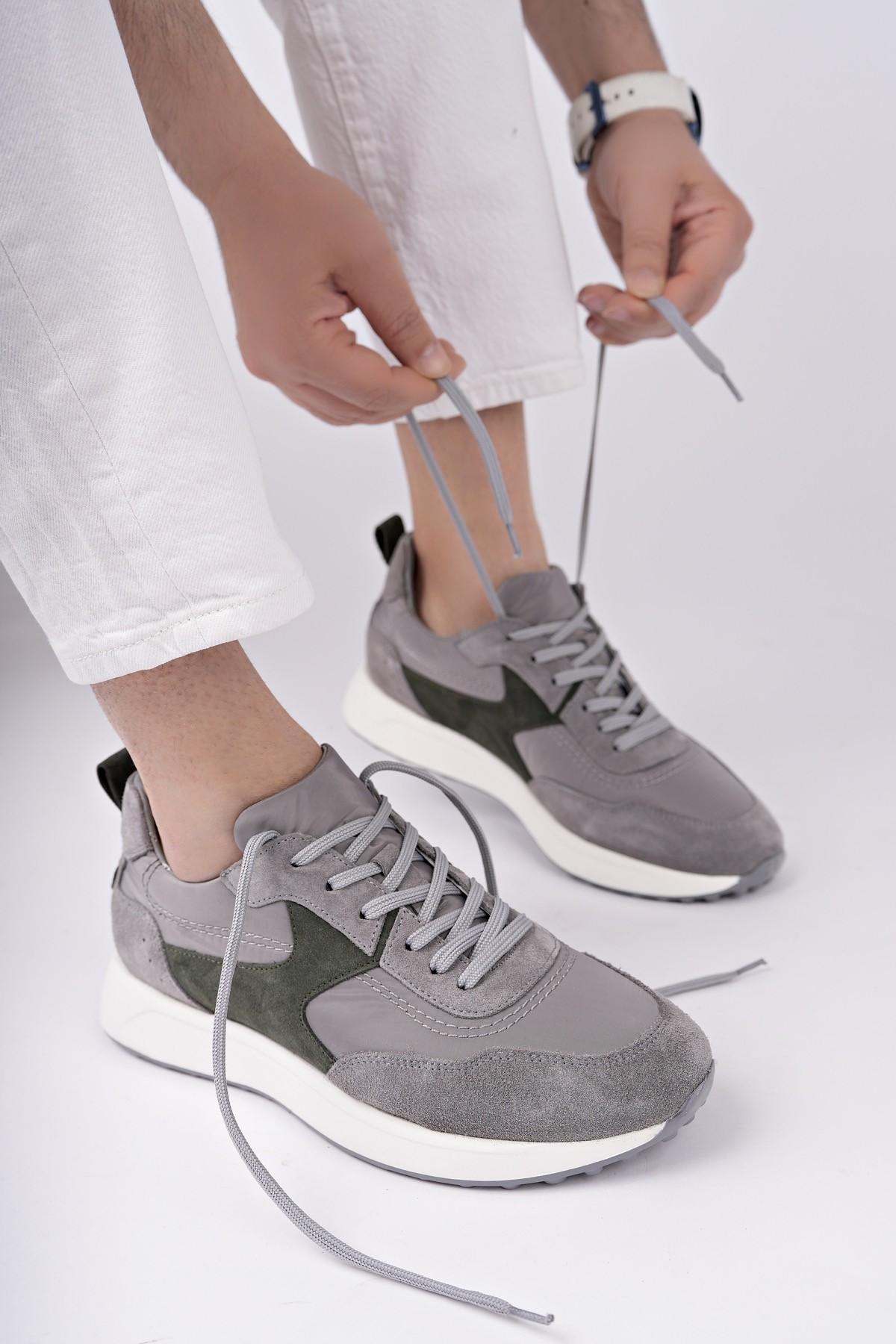 Muggo SVENSON Kalın Taban Bağcıklı Hakiki Deri Erkek Günlük Sneaker Spor Ayakkabı - GRİ