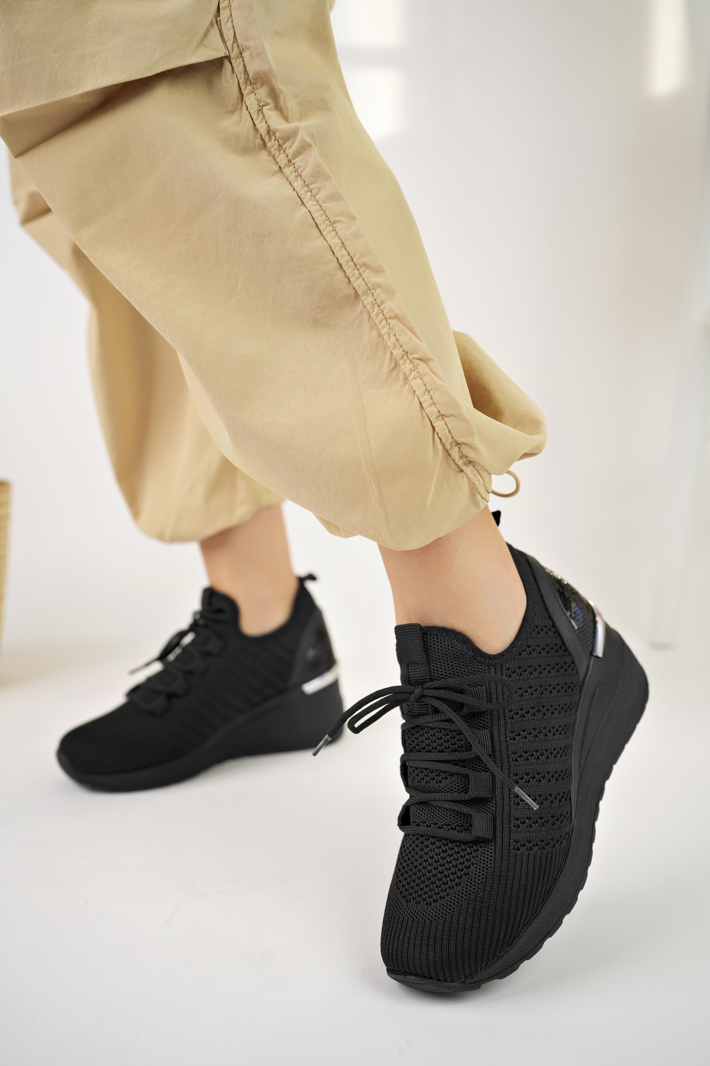 Muggo TYRA Garantili Kadın Ortopedik Yüksek Taban Günlük Bağcıklı Triko Sneaker Spor Ayakkabı