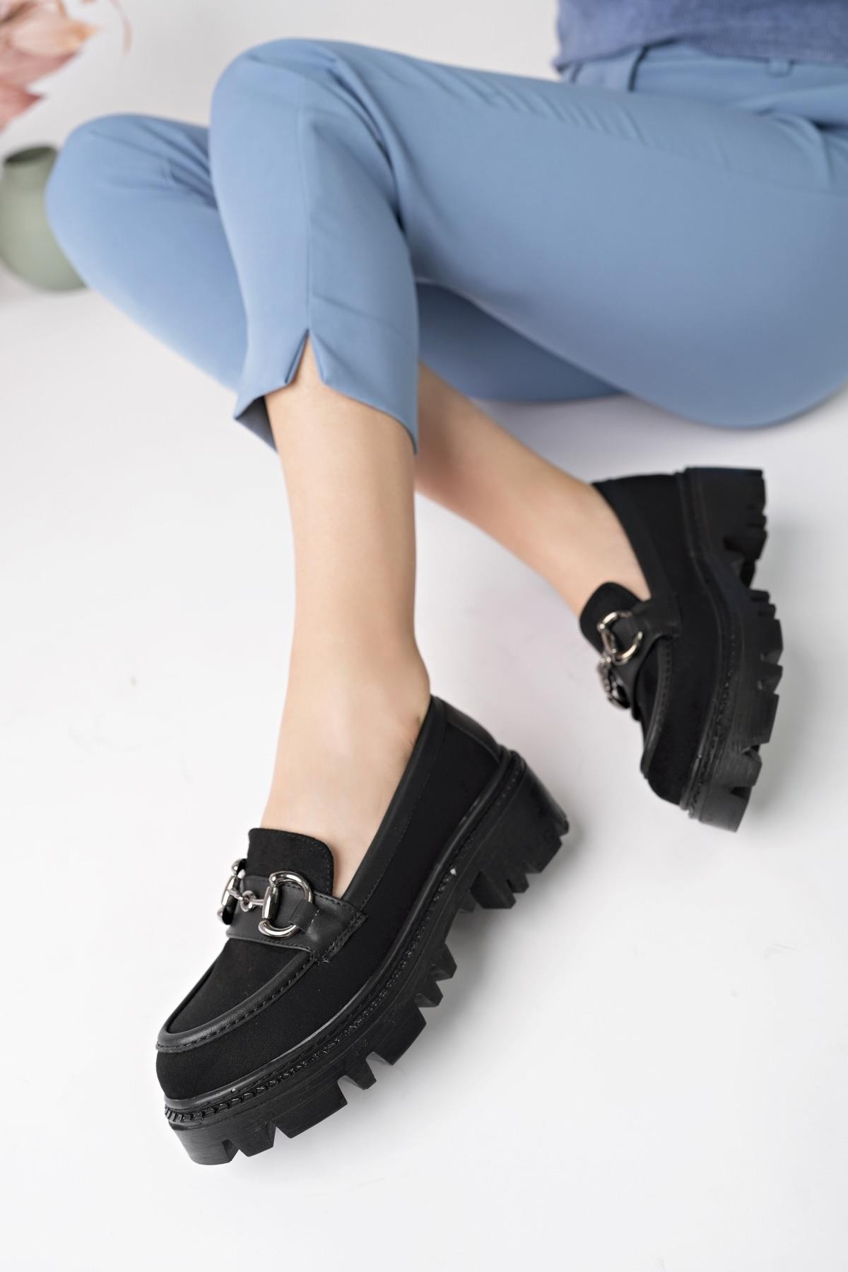 Muggo SECRET Garantili Kadın Loafer Kalın Taban Tokalı Günlük Casual Rahat Ayakkabı