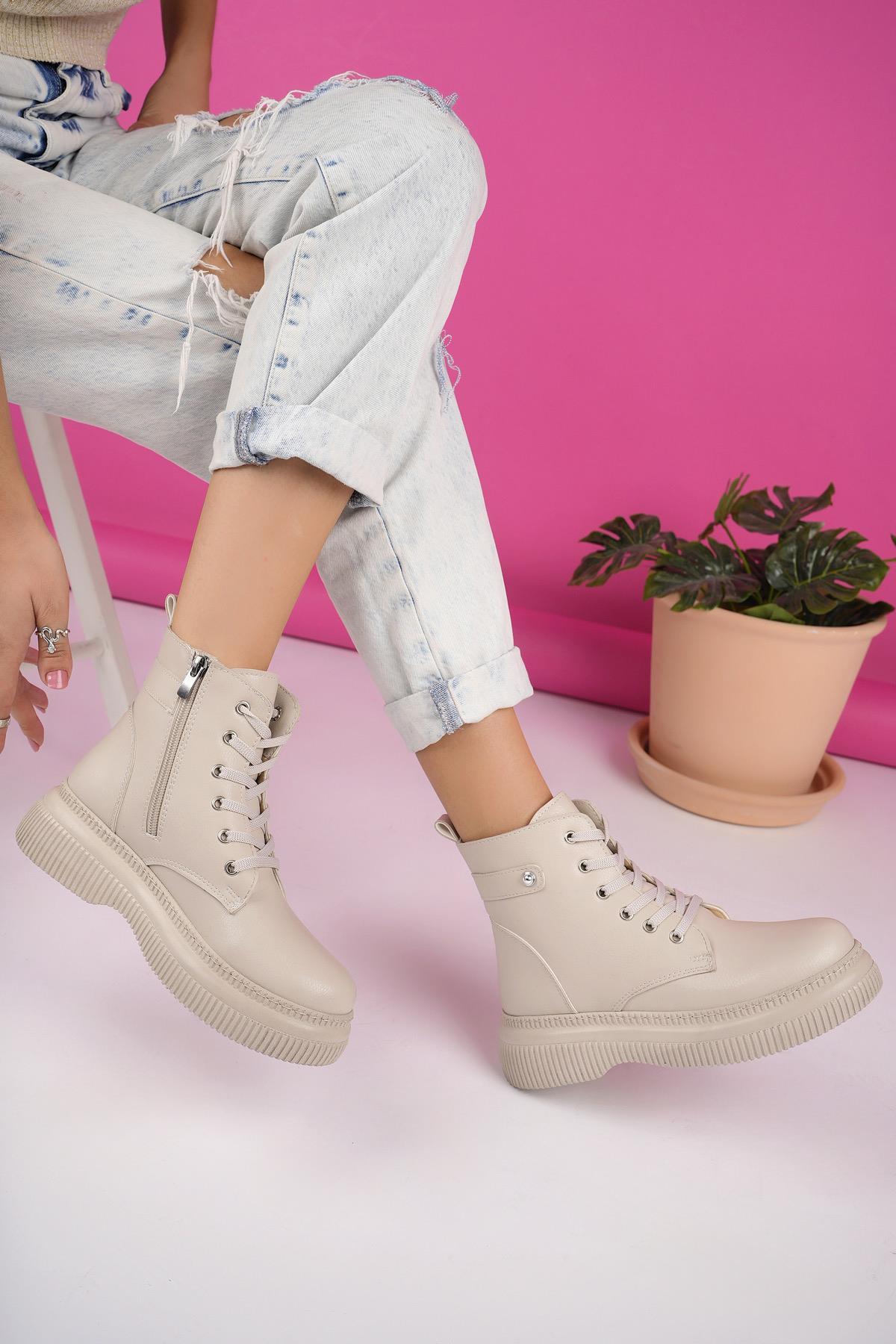 Muggo LUCİNDA Garantili Kalın Taban Fermuarlı Bağcıklı Kadın Postal Bot 