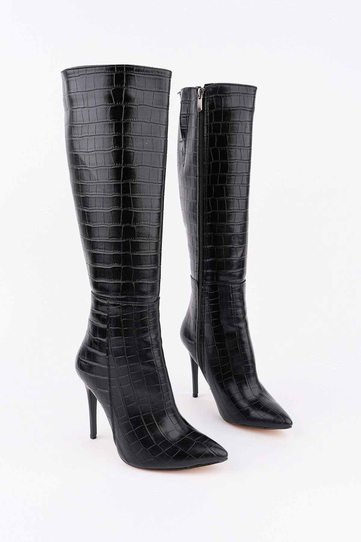 Muggo ZEST Kroko Desenli Sivri Burun Fermuarlı İnce Topuklu Kadın Çizme