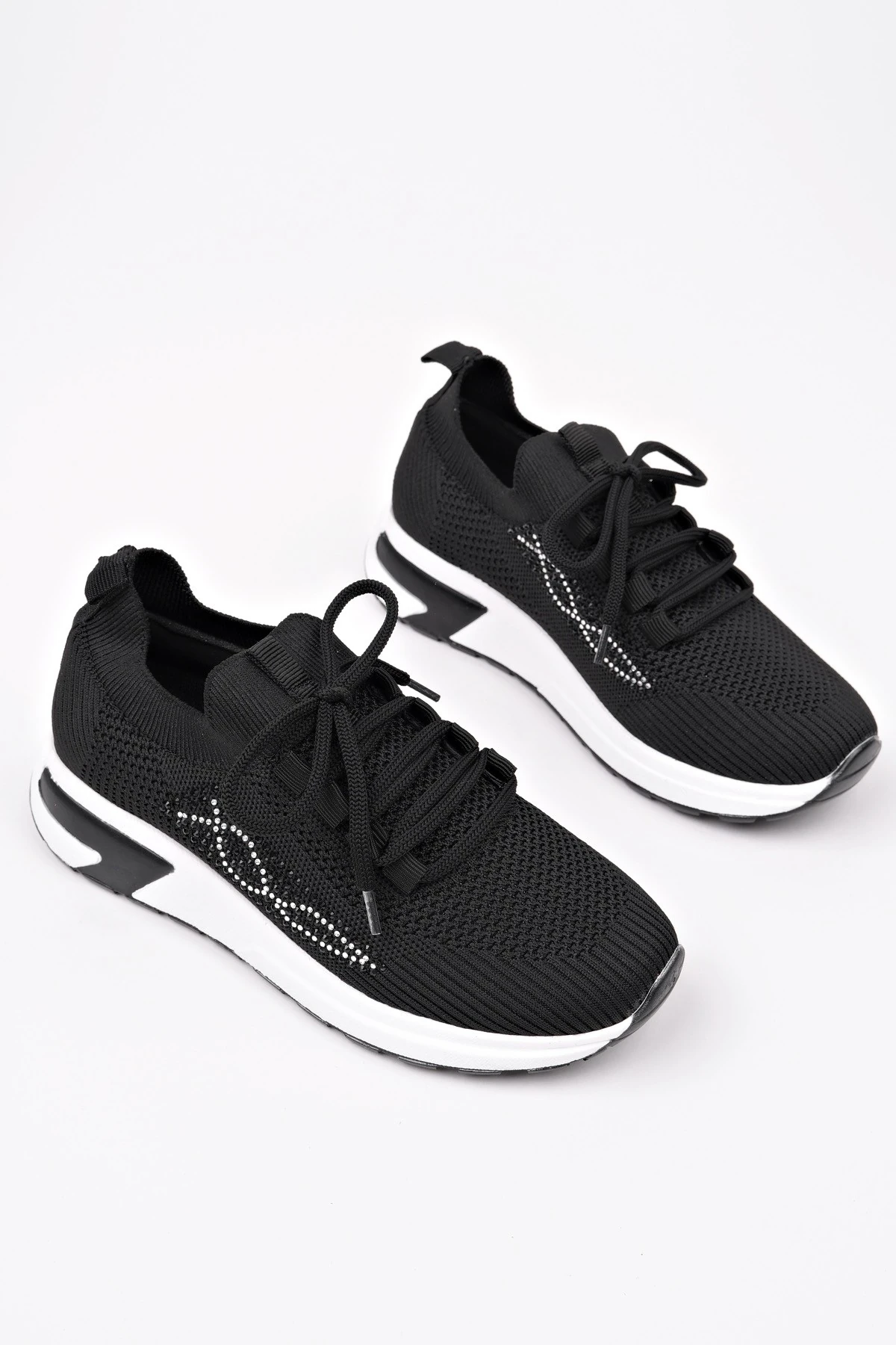 Muggo MARTHA Kadın Kalın Taban Günlük Triko Taşlı Bağcıklı Sneaker Spor Ayakkabı