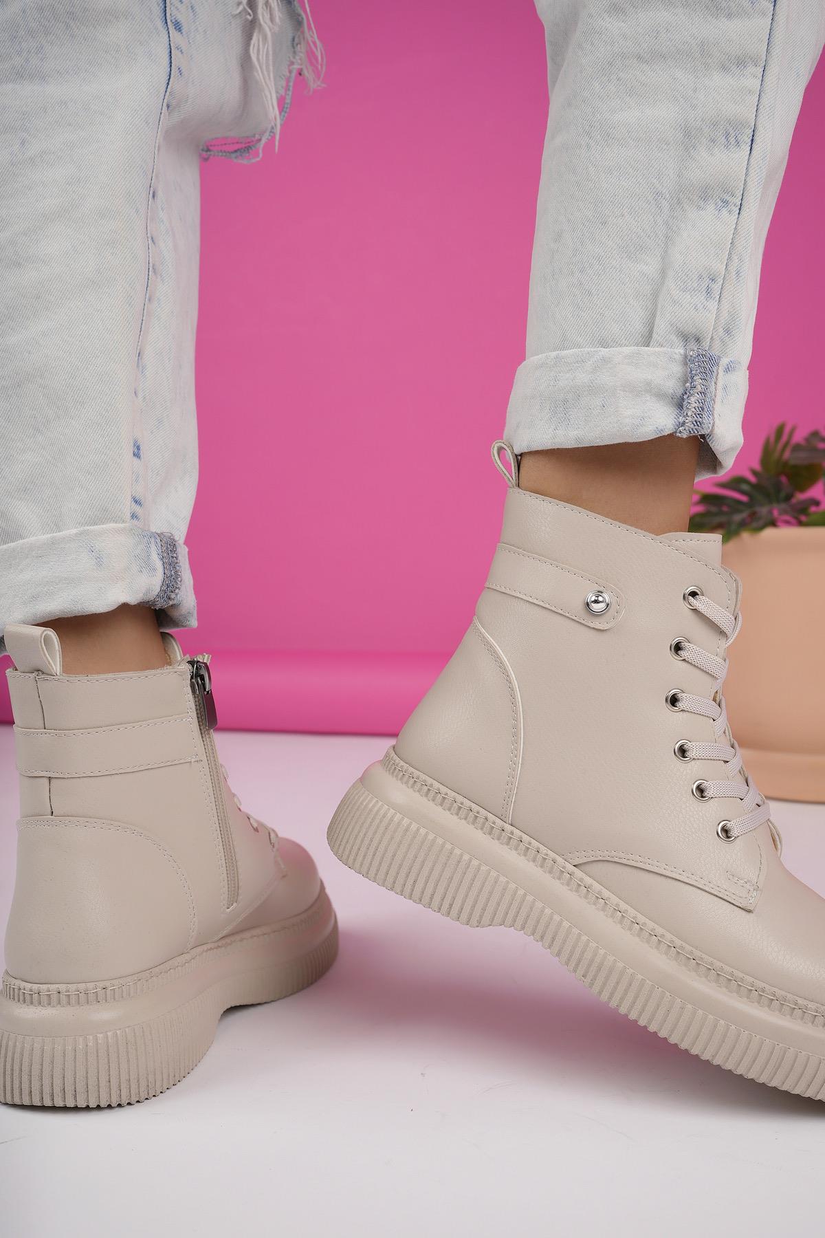 Muggo LUCİNDA Garantili Kalın Taban Fermuarlı Bağcıklı Kadın Postal Bot 