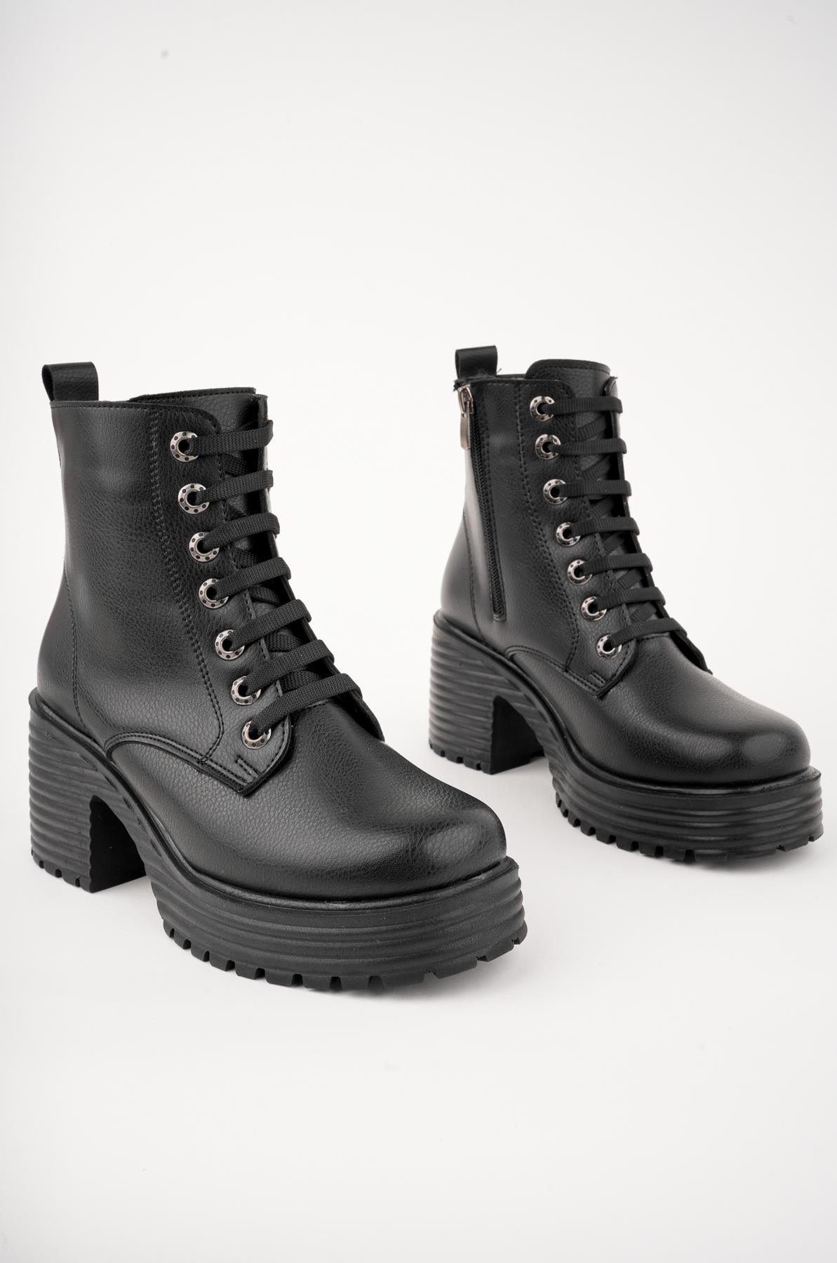 Muggo GRAZi Garantili Kalın Taban Platform Topuklu Fermuarlı Bağcıklı Kadın Bot 