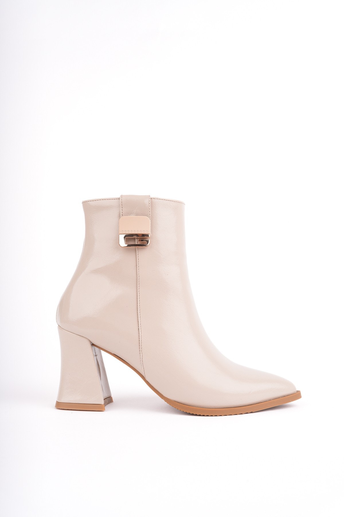 Muggo LUXERA Sivri Burun Toka Detaylı Fermuarlı Kalın Topuklu Kadın Bot - Ten Rugan