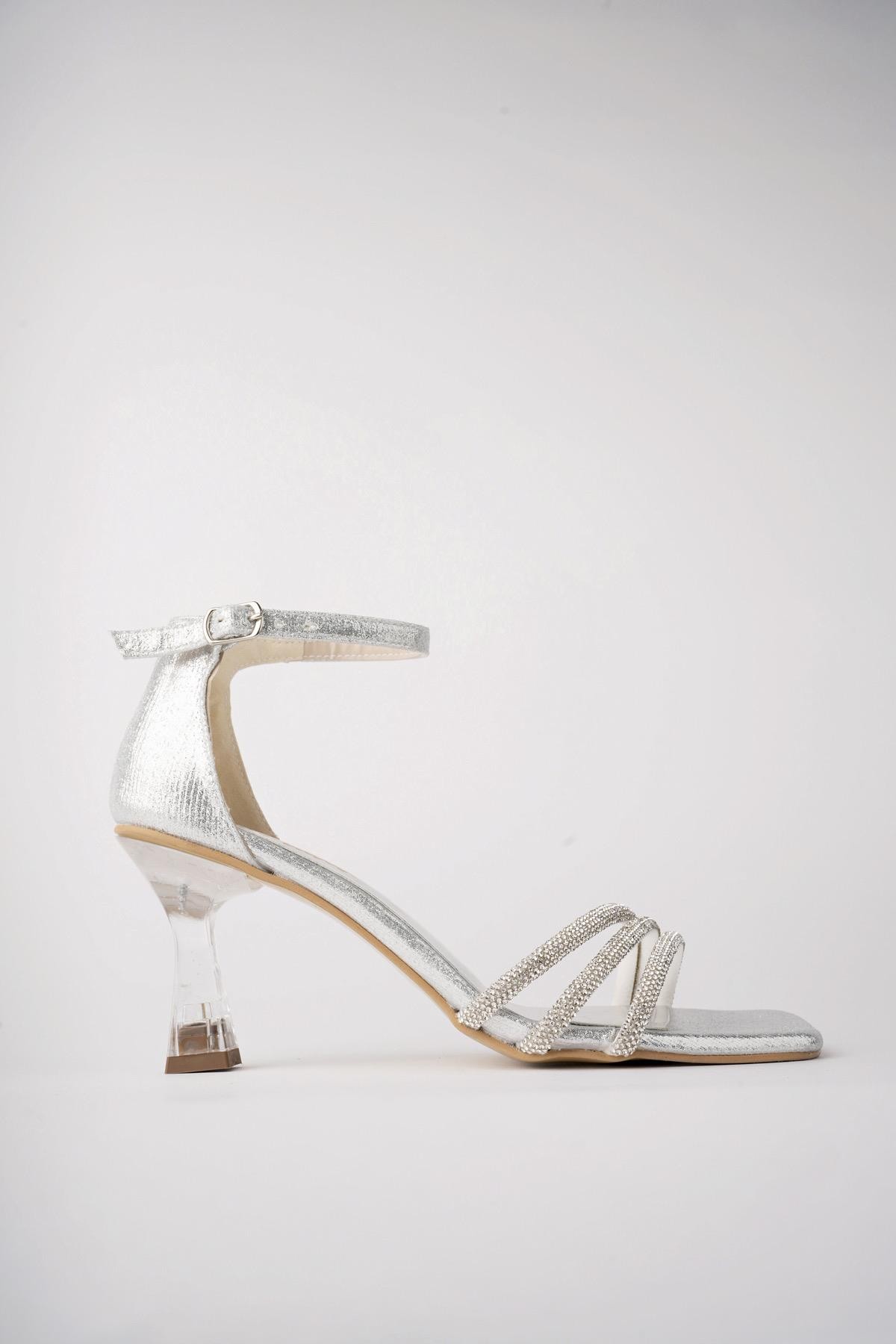 Muggo ASHLEY Garantili Kadın Üç Bantlı Kemerli Taşlı Şeffaf Topuklu Ayakkabı
