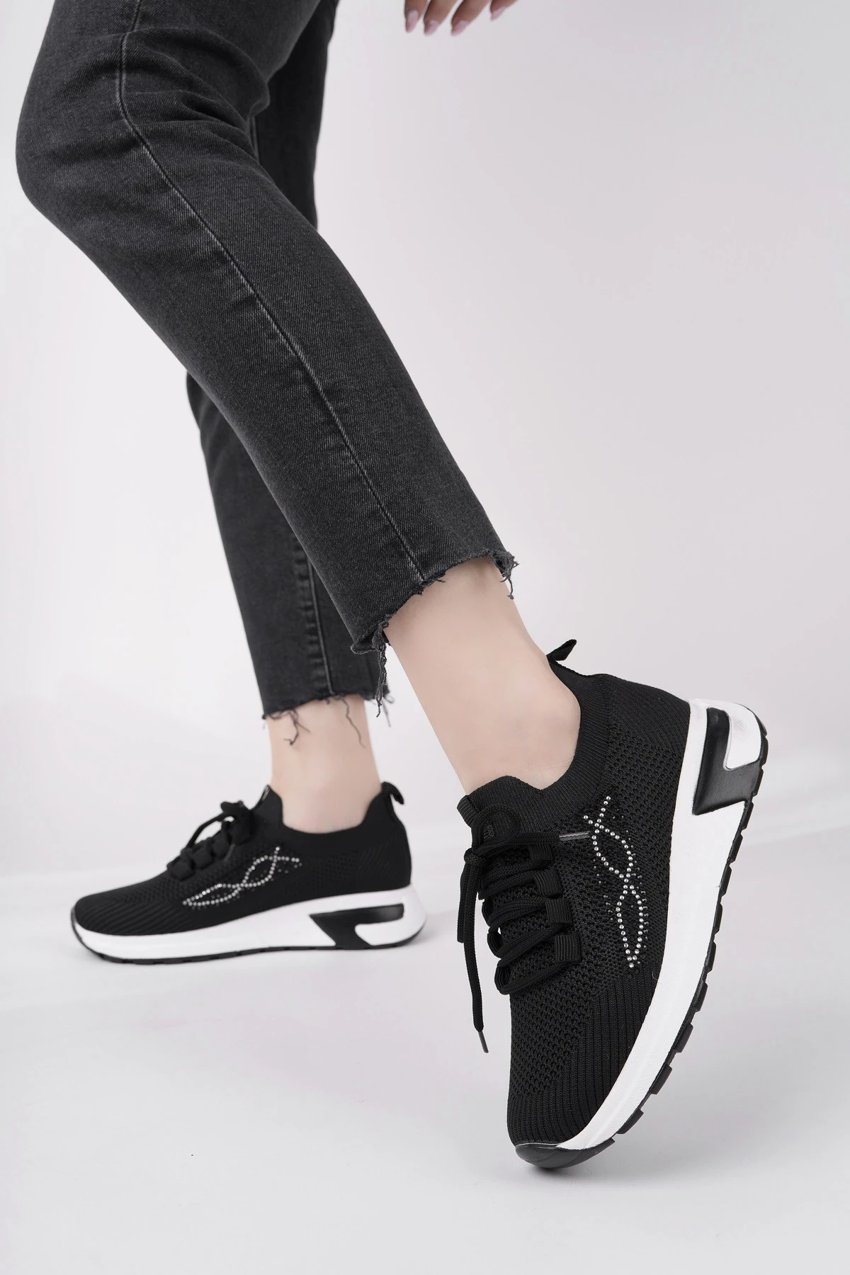 Muggo MARTHA Kadın Kalın Taban Günlük Triko Taşlı Bağcıklı Sneaker Spor Ayakkabı