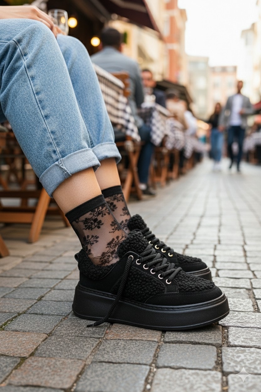 Muggo FLEECY Kalın Taban Bağcıklı Peluş Detaylı Kadın Kışlık Sneaker Spor Ayakkabı