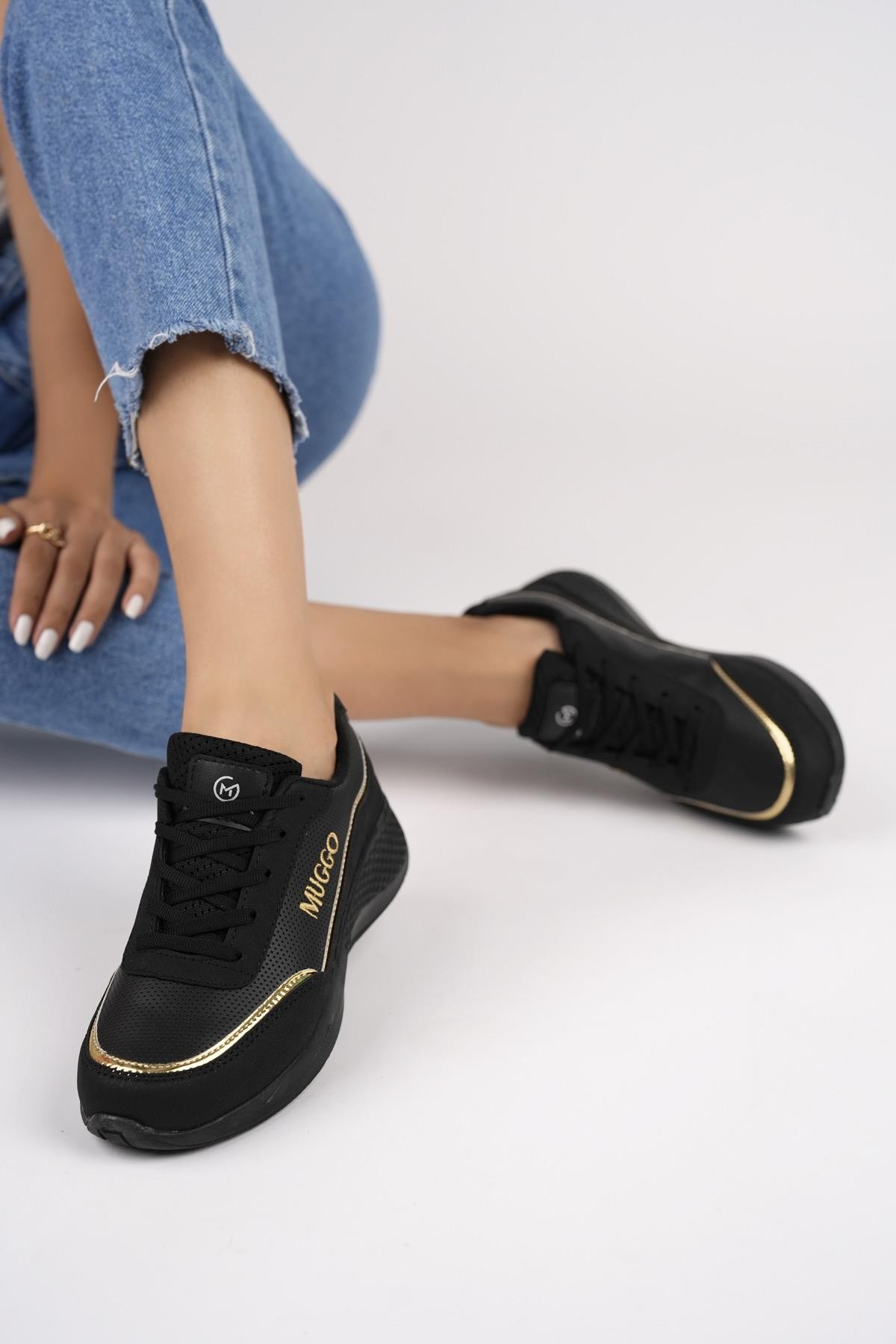 Muggo Happy Garantili Kadın Ortopedik Günlük Bağcıklı Şık Rahat Sneaker Spor Ayakkabı - SİYAH - ALTIN