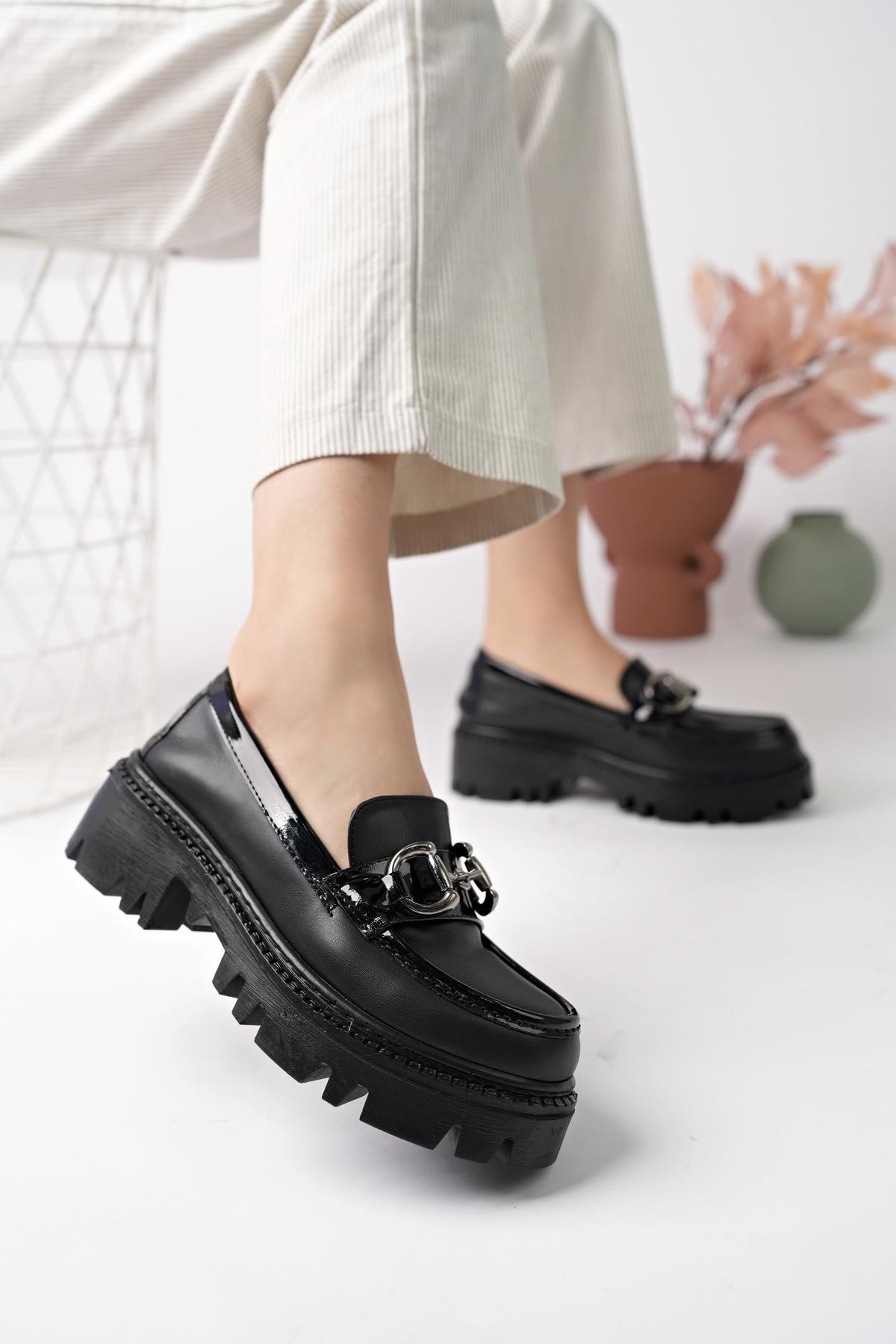 Muggo SECRET Garantili Kadın Loafer Kalın Taban Tokalı Günlük Casual Rahat Ayakkabı