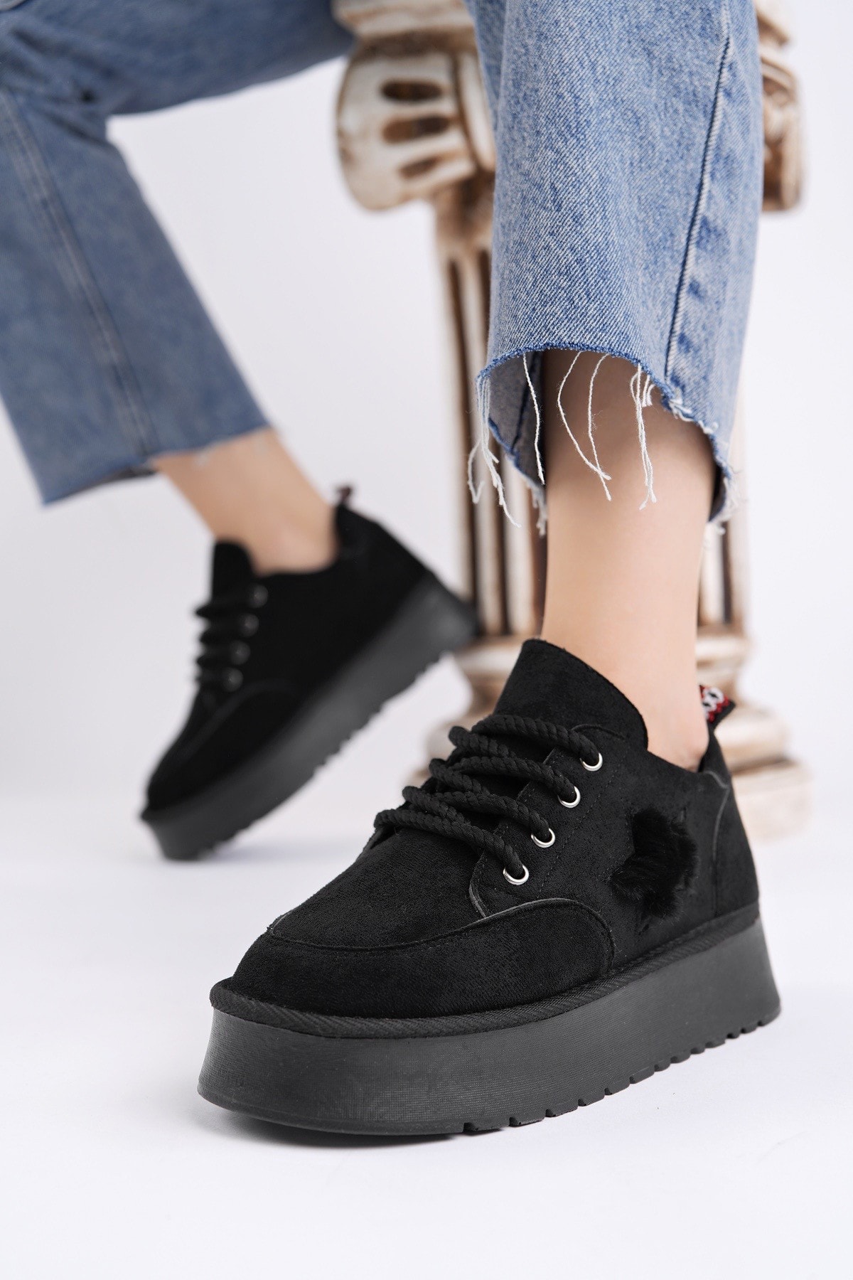Muggo KOZMOS Kalın Taban Bağcıklı Yıldız Detaylı Kadın Kışlık Sneaker Spor Ayakkabı