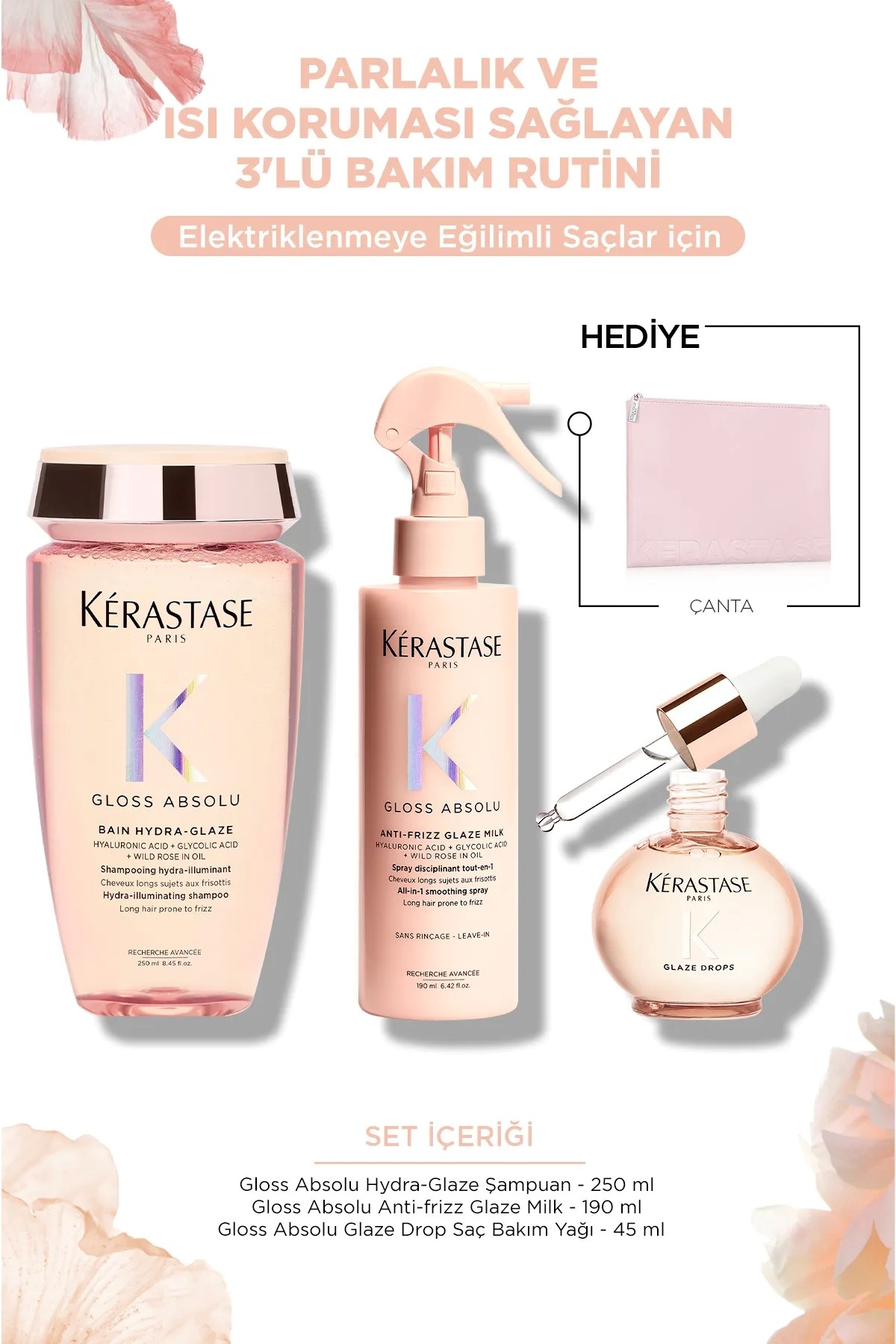 Kerastase Gloss Absolu Elektriklenme ve Kabarma Karşıtı Parlaklık  Sağlayan 3'lü Bakım Rutini