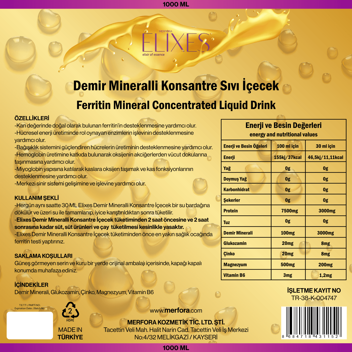 Elixes Demir Mineralli Sıvı Konsantre İçecek