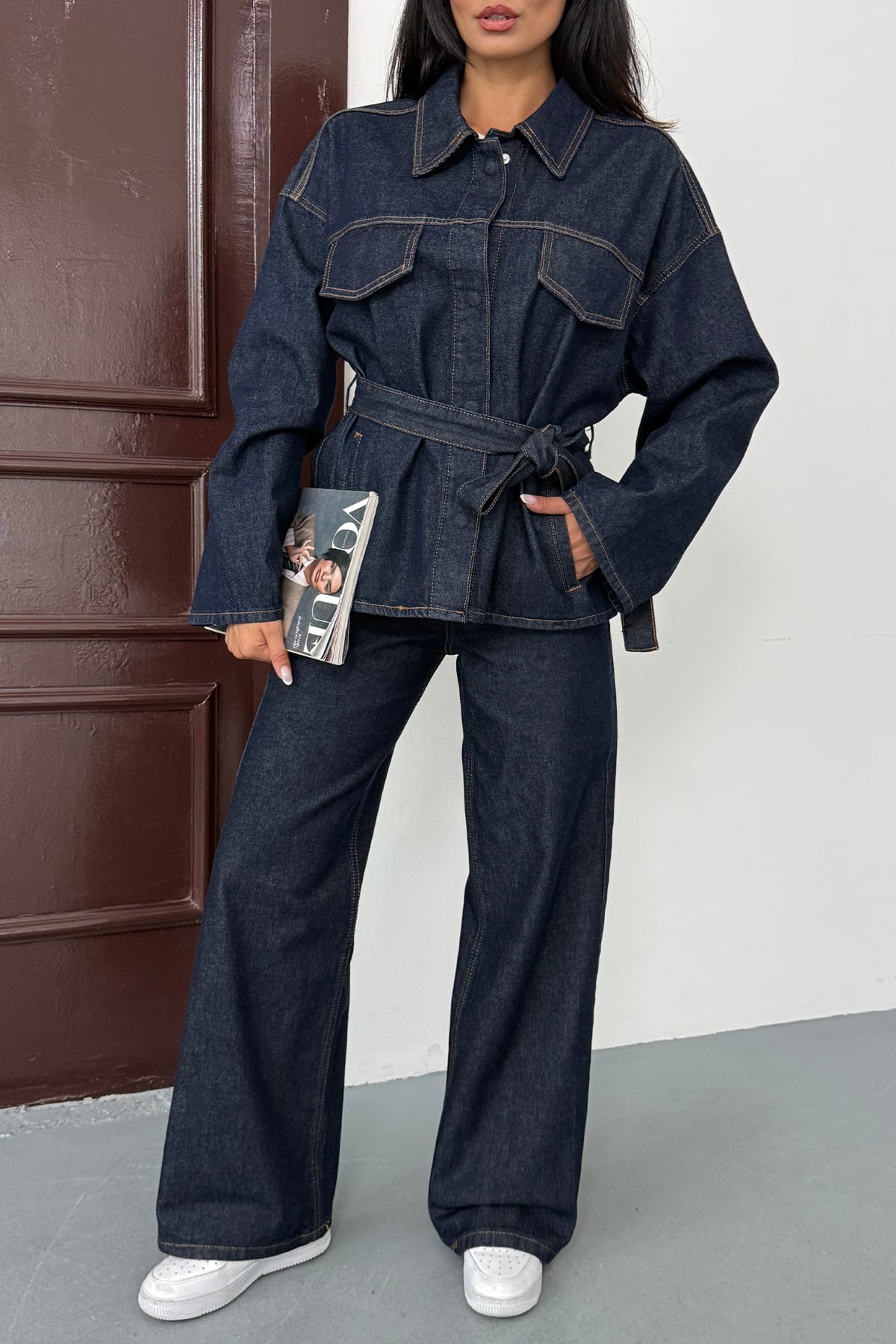 Lacivert Kuşaklı Ceket Pantolon Denim Takım