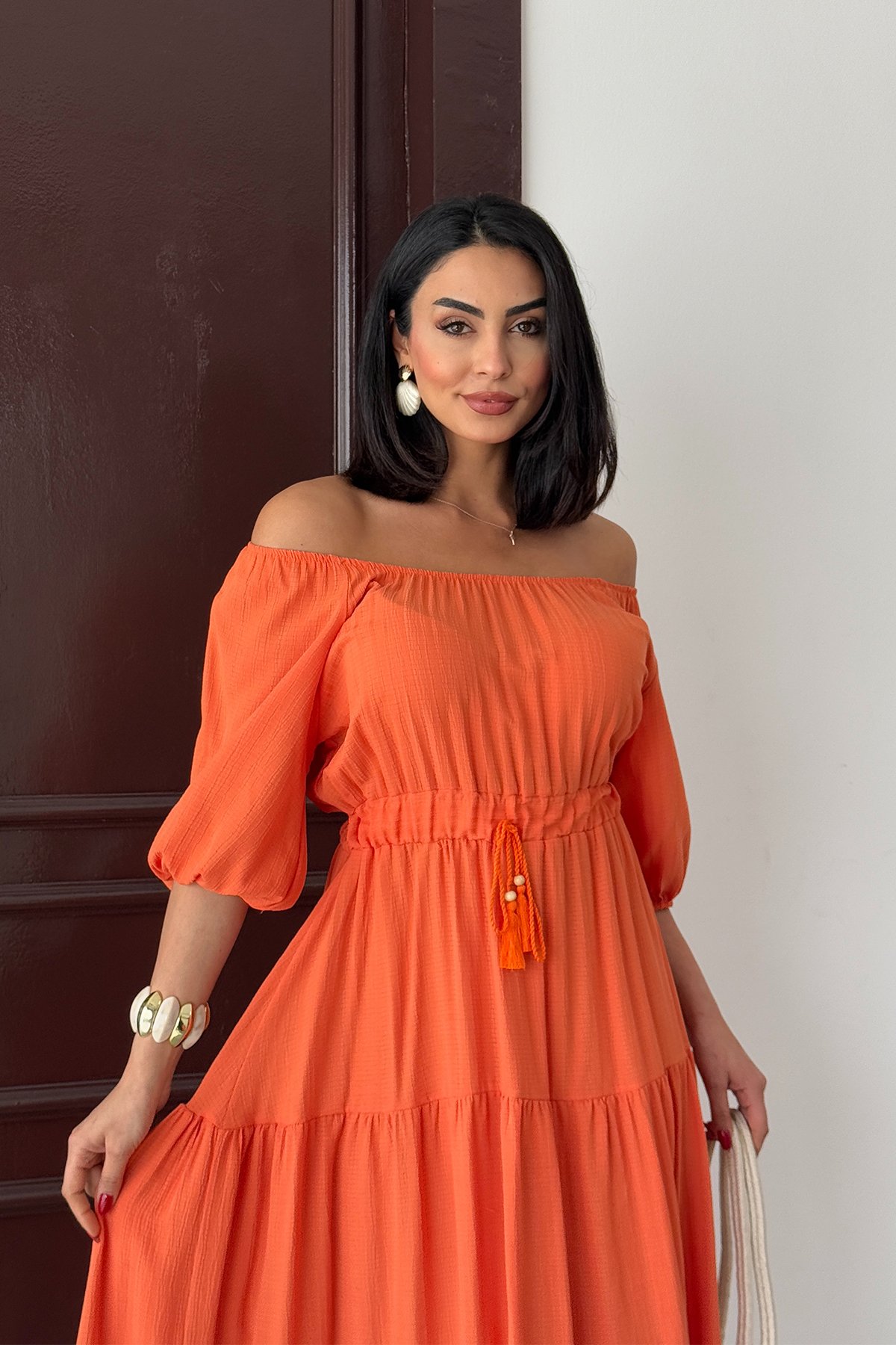 Keten Madonna Yaka Yazlık Elbise