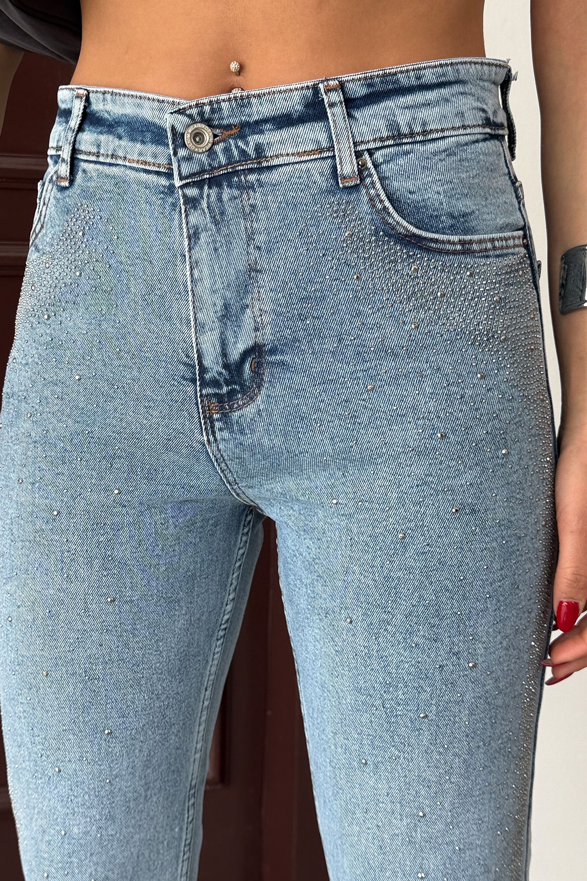 Mavi Taşlı Dar Paça Skinny Jean Kot Pantolon