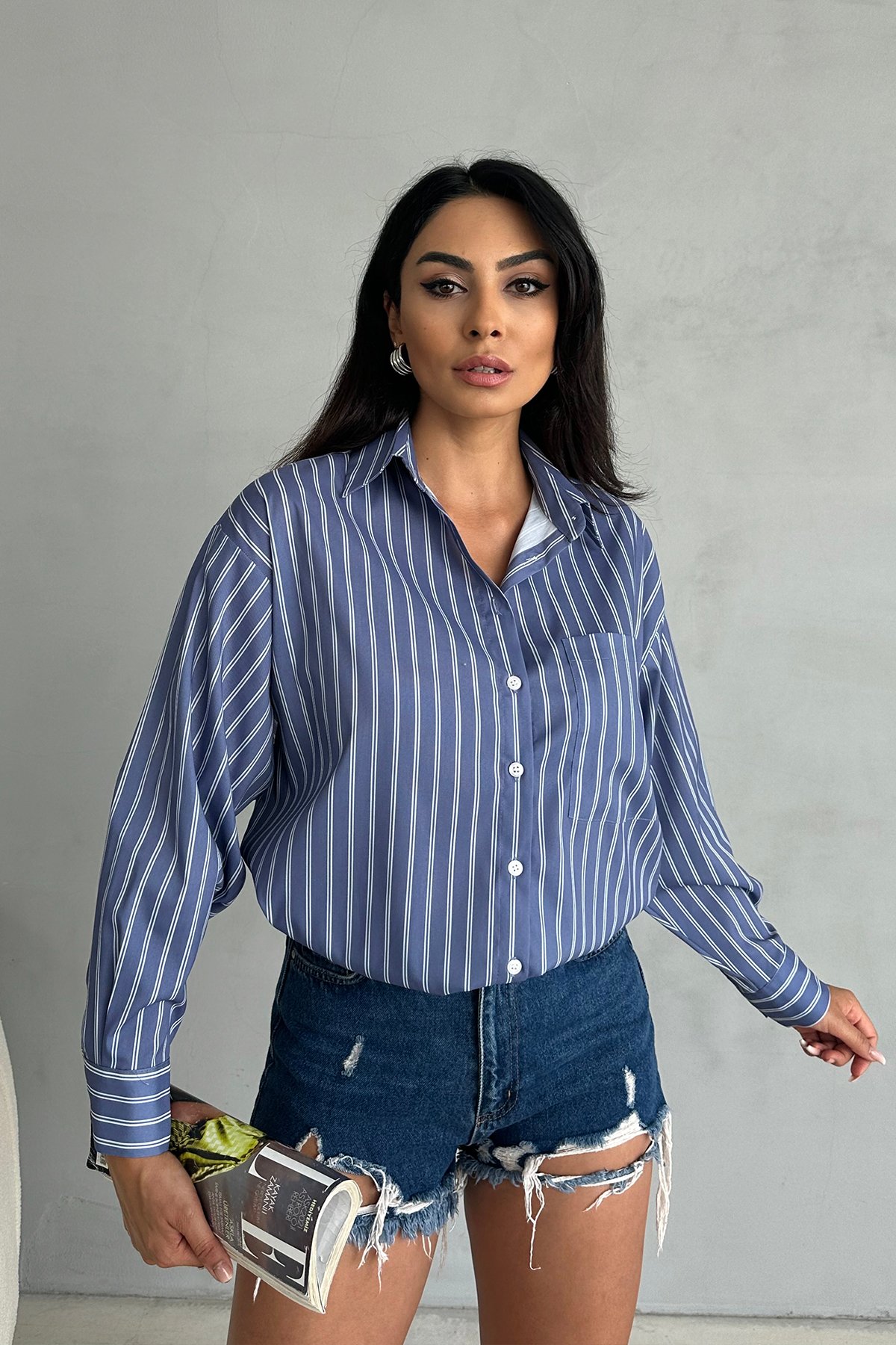 Çift Çizgi Oversize Salaş Gömlek