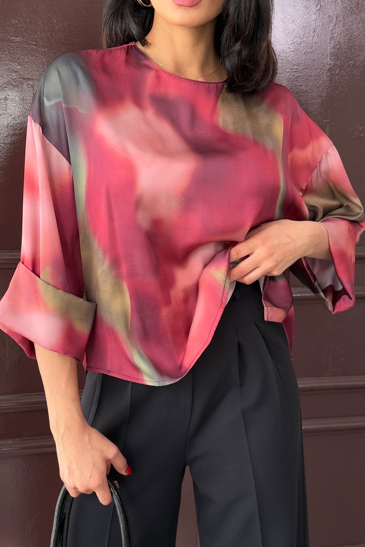 Bordo Batik Desenli Saten Bluz