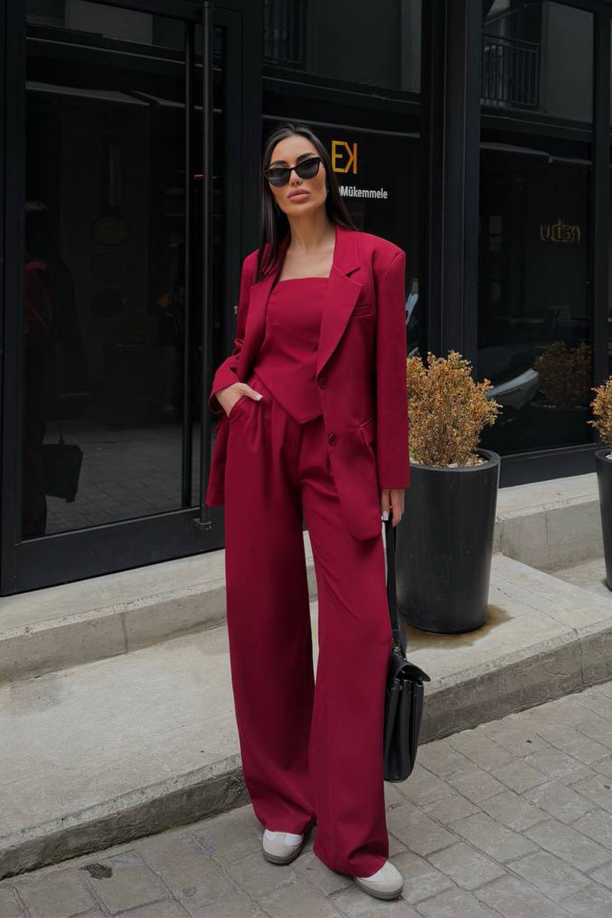 Blazer Ceket Bluz Palazzo Pantolon 3'lü Takım Elbise