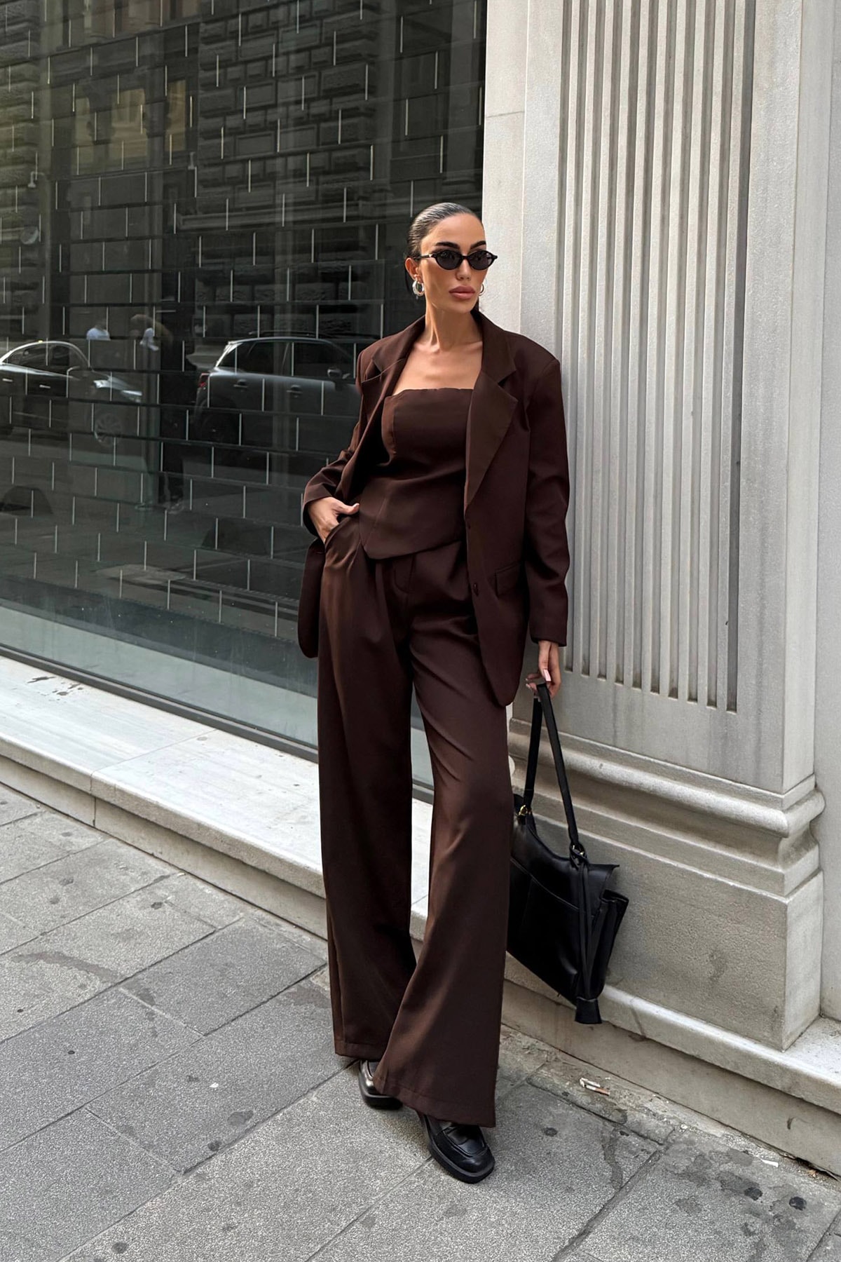 Blazer Ceket Bluz Palazzo Pantolon 3'lü Takım Elbise - Kahve
