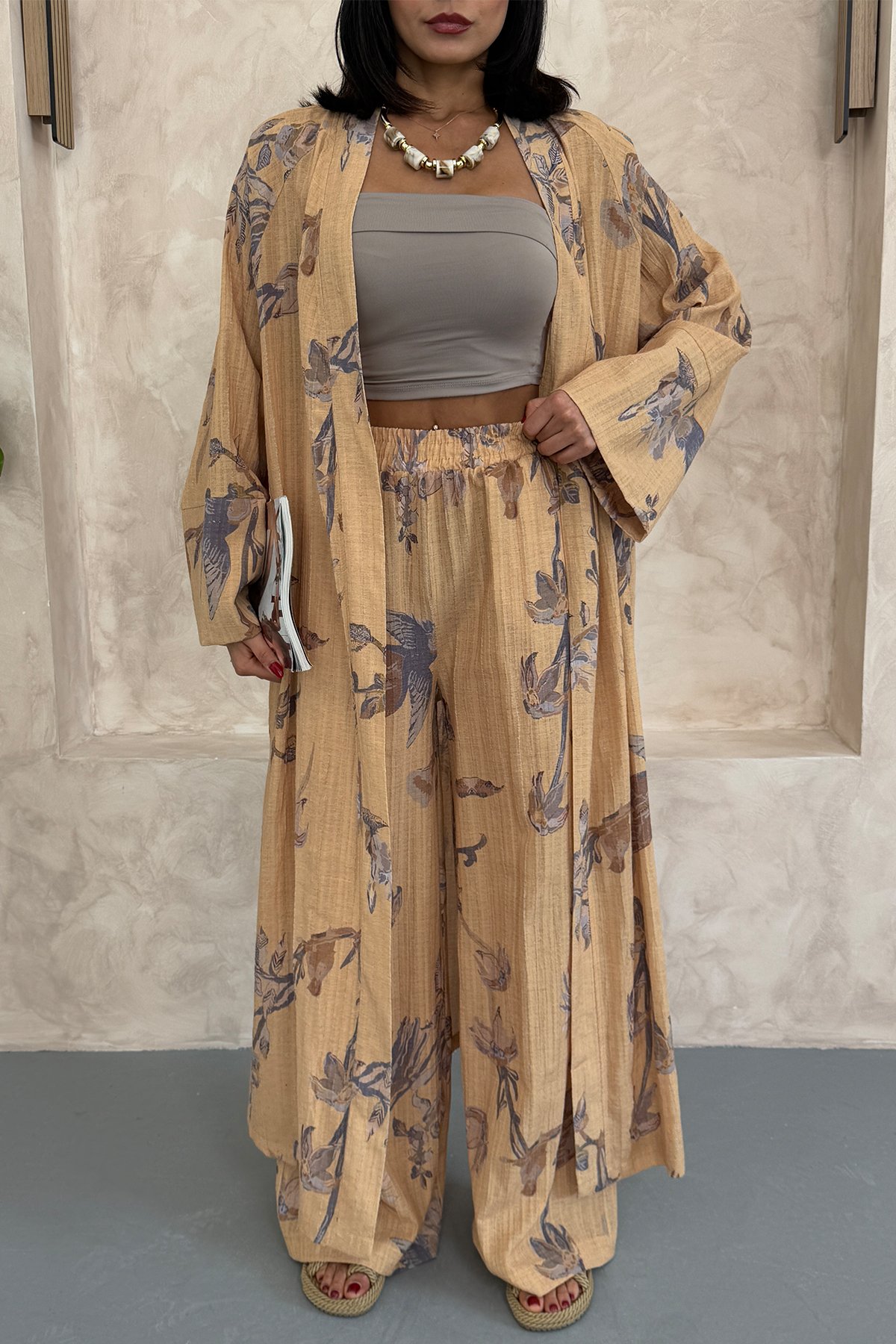 Çiçekli Uzun Alt Üst Kimono Takım