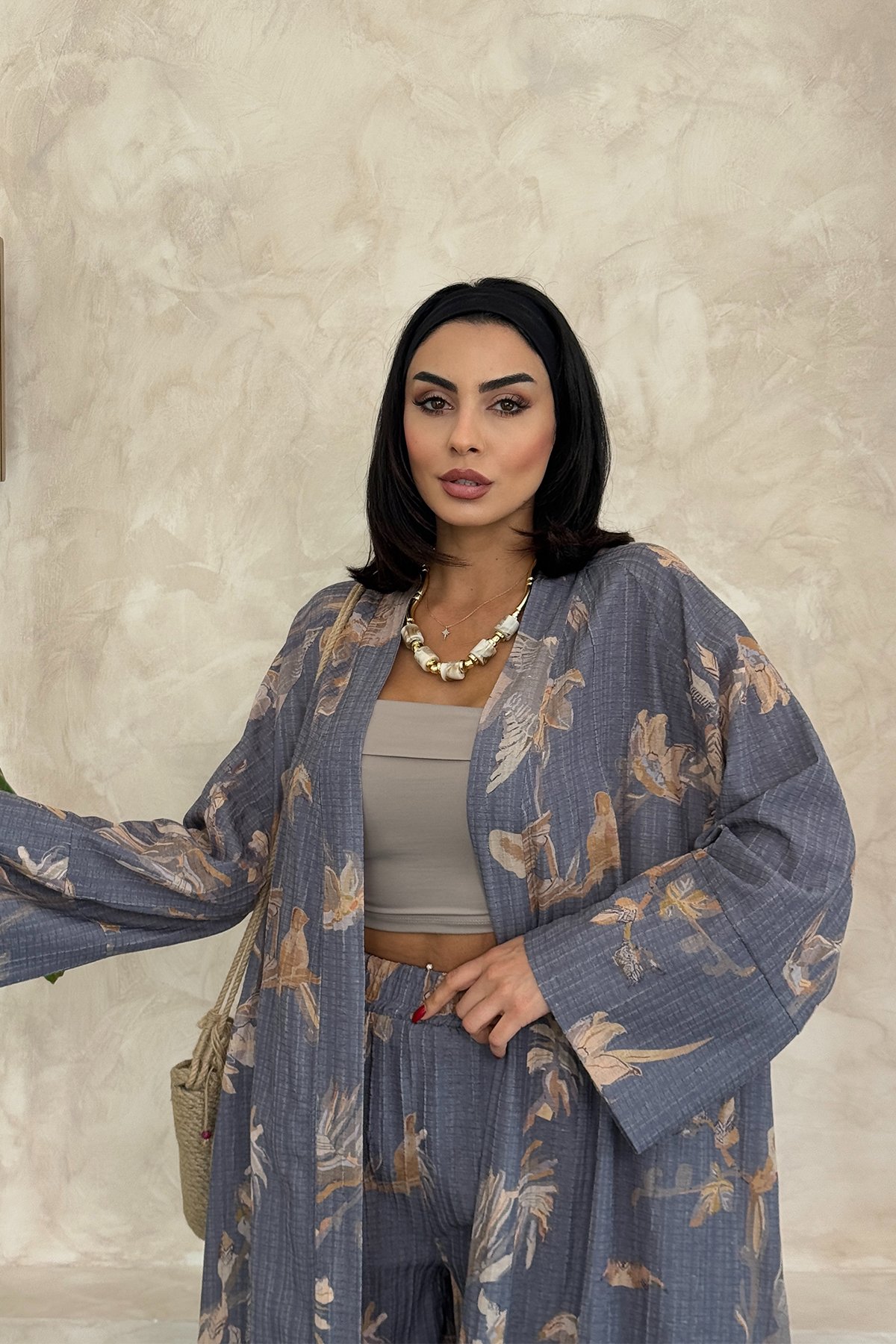 Çiçekli Uzun Alt Üst Kimono Takım