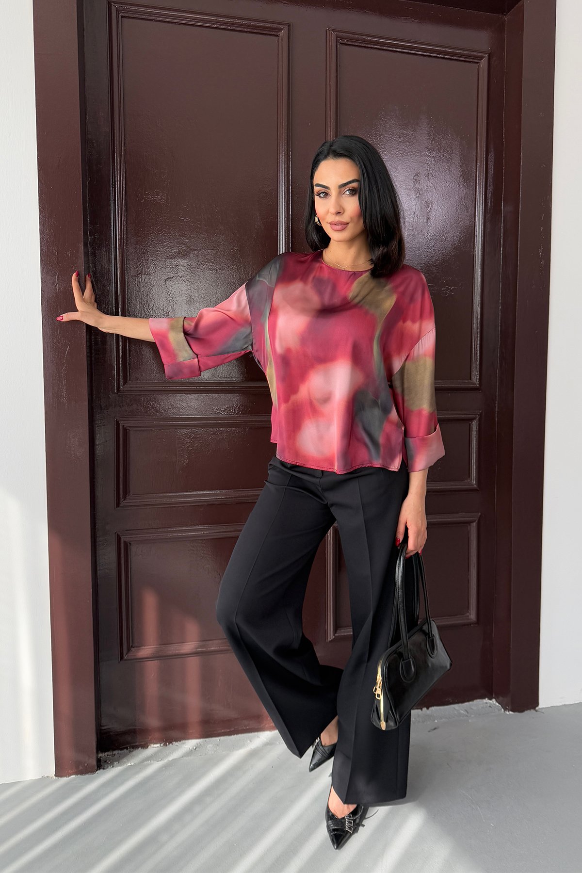 Bordo Batik Desenli Saten Bluz