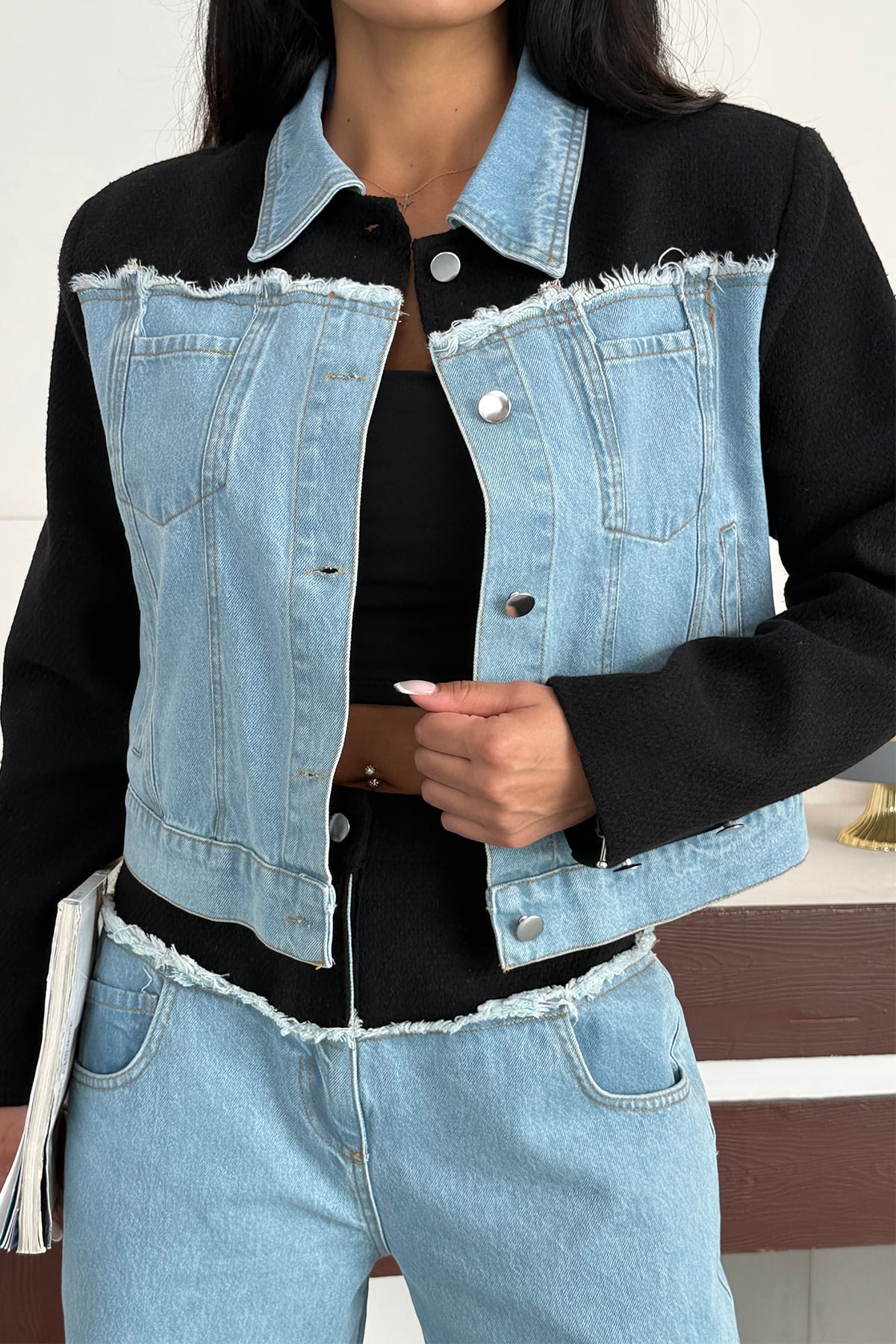Çift Renk Kot Ceket Kot Pantolon Takım