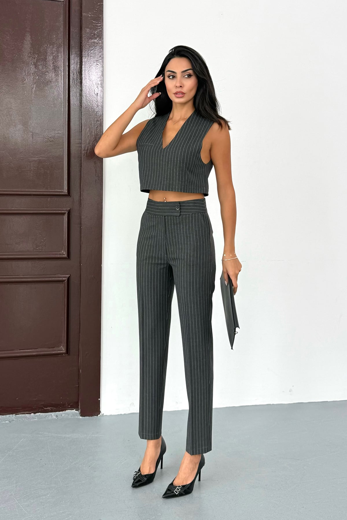 Çizgili Desen Süveter Pantolon Alt Üst Takım