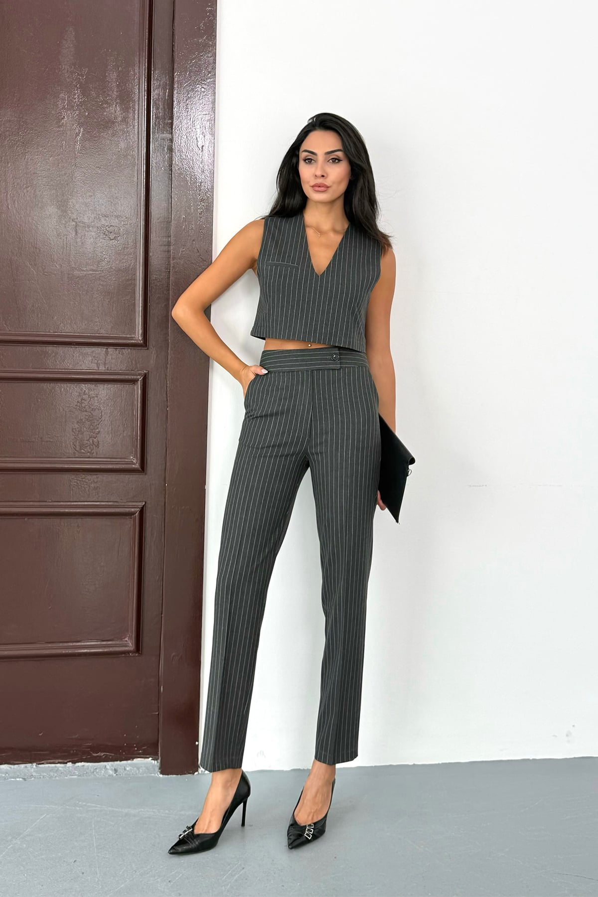 Çizgili Desen Süveter Pantolon Alt Üst Takım