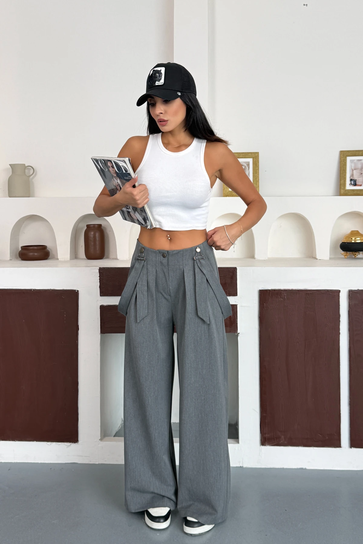 Slopetli Beli Lastikli Kumaş Palazzo Pantolon