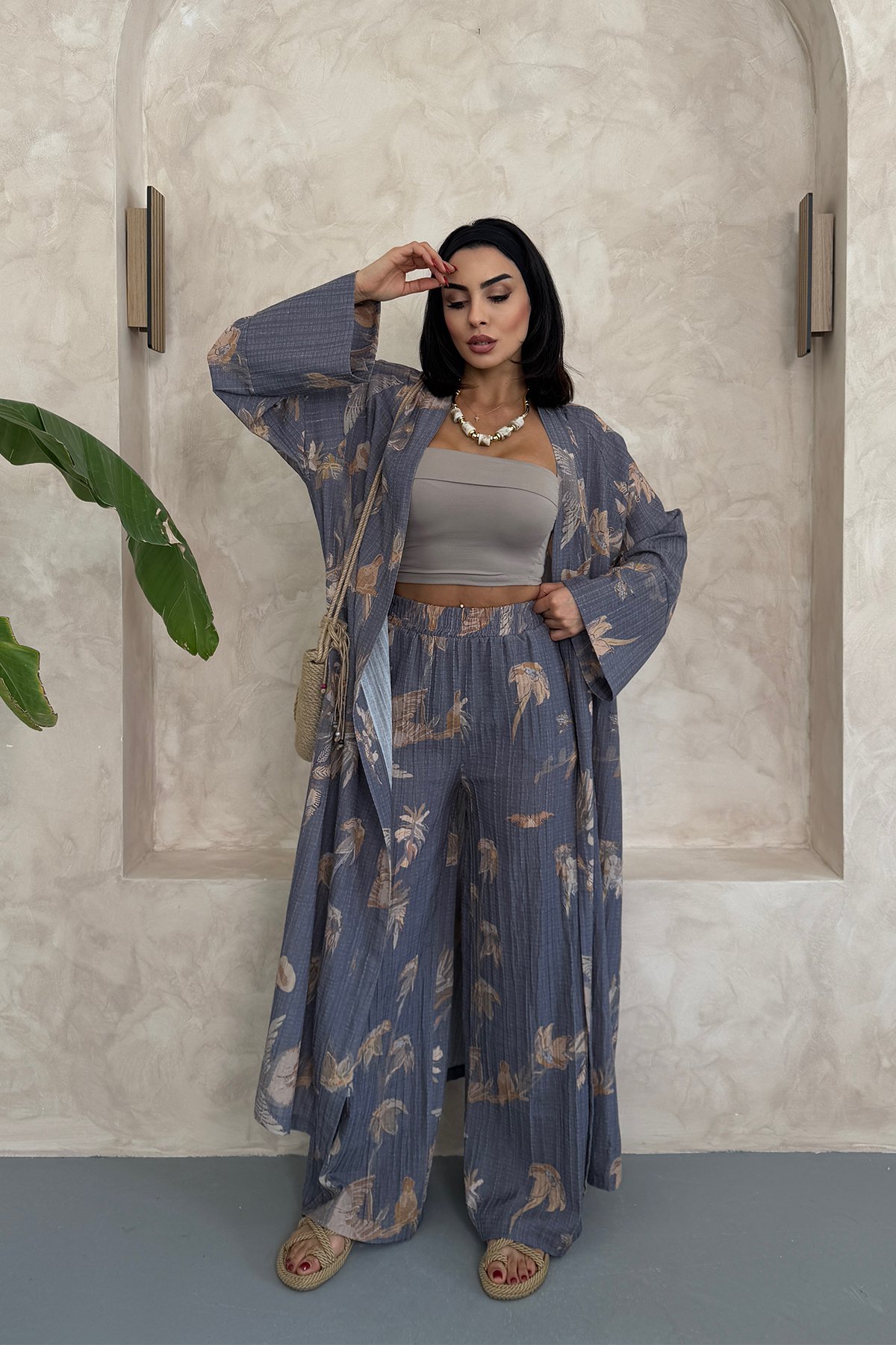 Çiçekli Uzun Alt Üst Kimono Takım