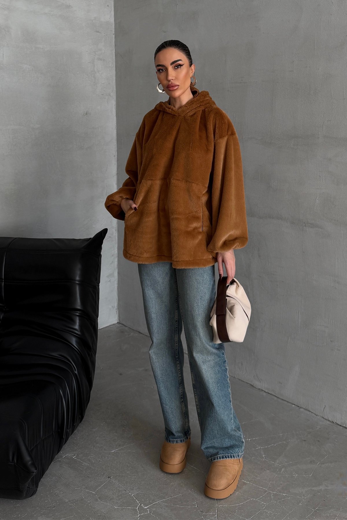 Oversize Yumuşak Dokulu Peluş Sweatshirt