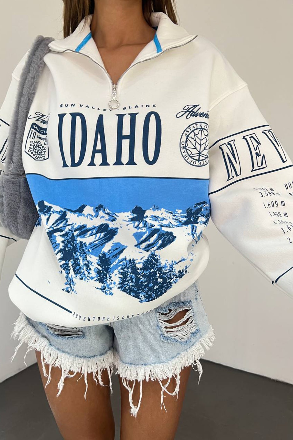 Idaho Baskılı Fermuar Yaka Sweatshirt