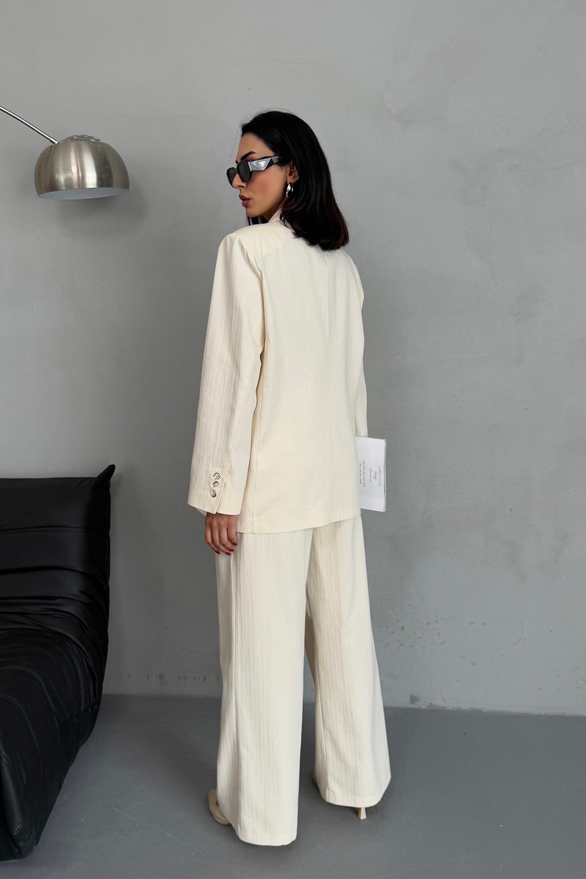 Bej Oversize Blazer Ceket Palazzo Pantolon Keten Takım