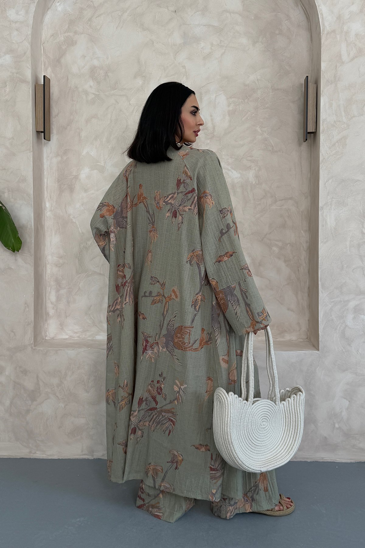Çiçekli Uzun Alt Üst Kimono Takım