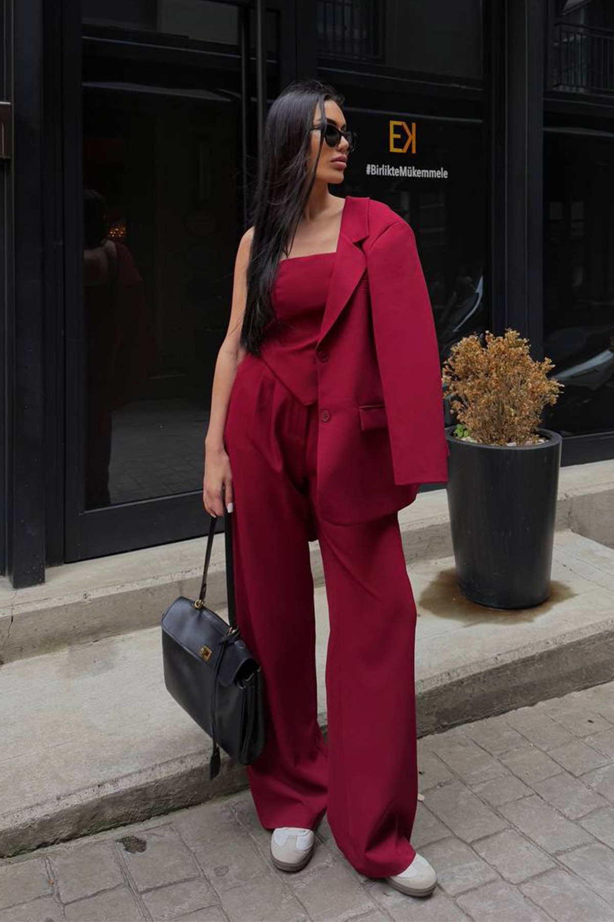 Blazer Ceket Bluz Palazzo Pantolon 3'lü Takım Elbise
